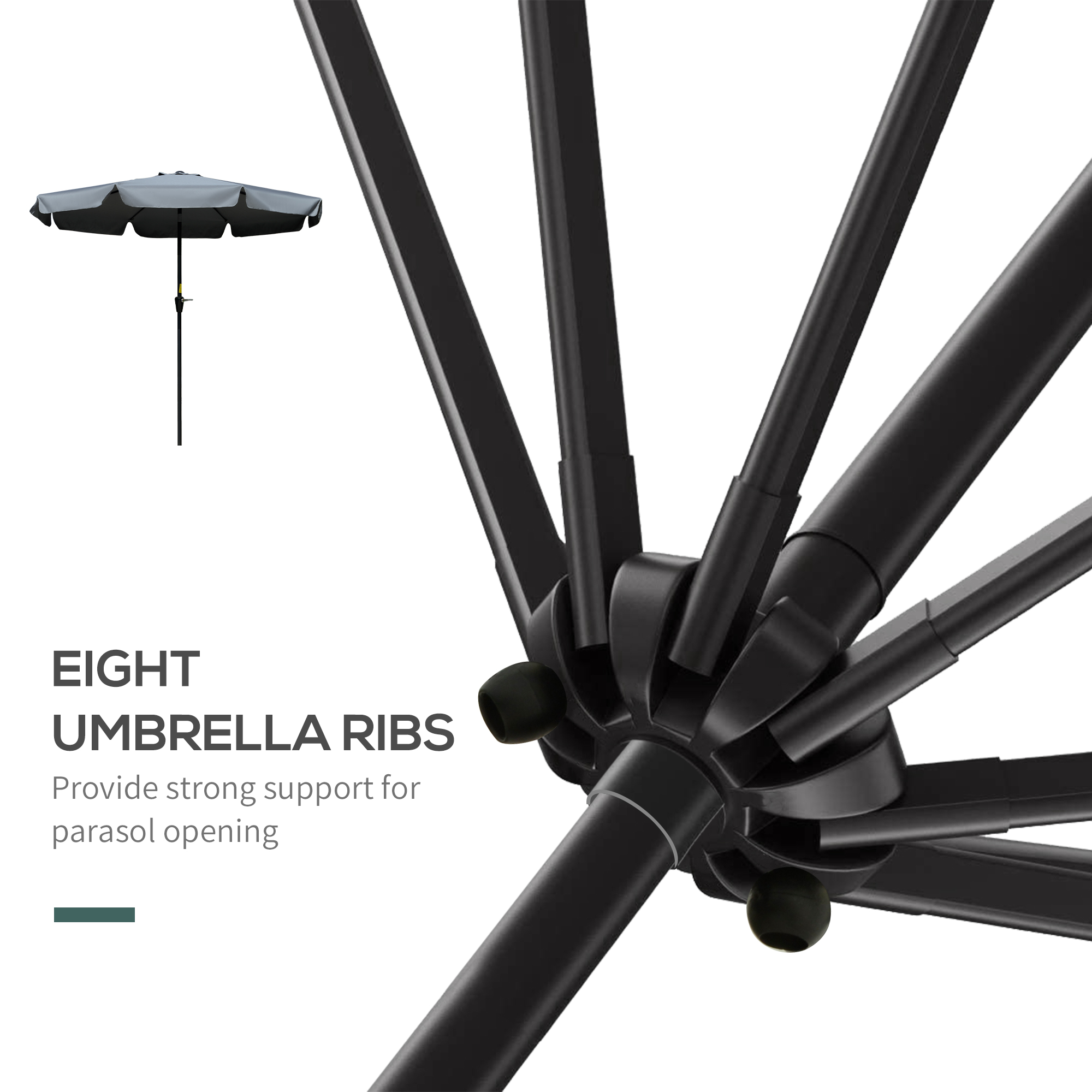 Outsunny 2.7m Patio Parasol Garden Umbrellas Outdoor Sun Shade Table Umbrella with Tilt, Crank, 8 Ribs, Ruffles, Grey 7