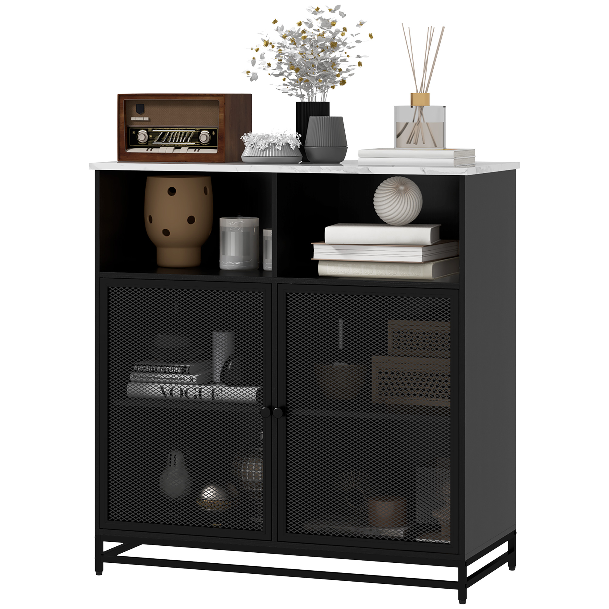 HOMCOM Buffet Aufbewahrungsmöbel marmoriertes Oberteil und doppelte Gittertür, für Wohnzimmer oder Küche, 86 x 40 x 90 cm, Weiß und Schwarz   Aosom – HOMCOM