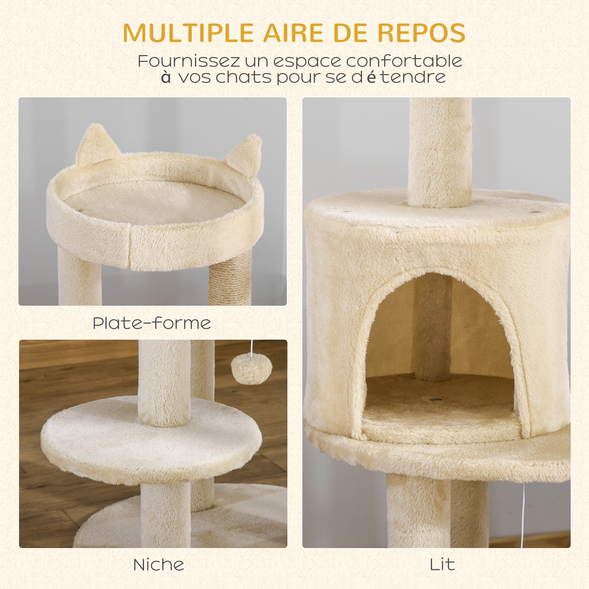 Arbre à Chats Multi-Activités PawHut - 3 Plateformes, Griffoir Sisal, Niche | 48x104 Cm Crème - 3