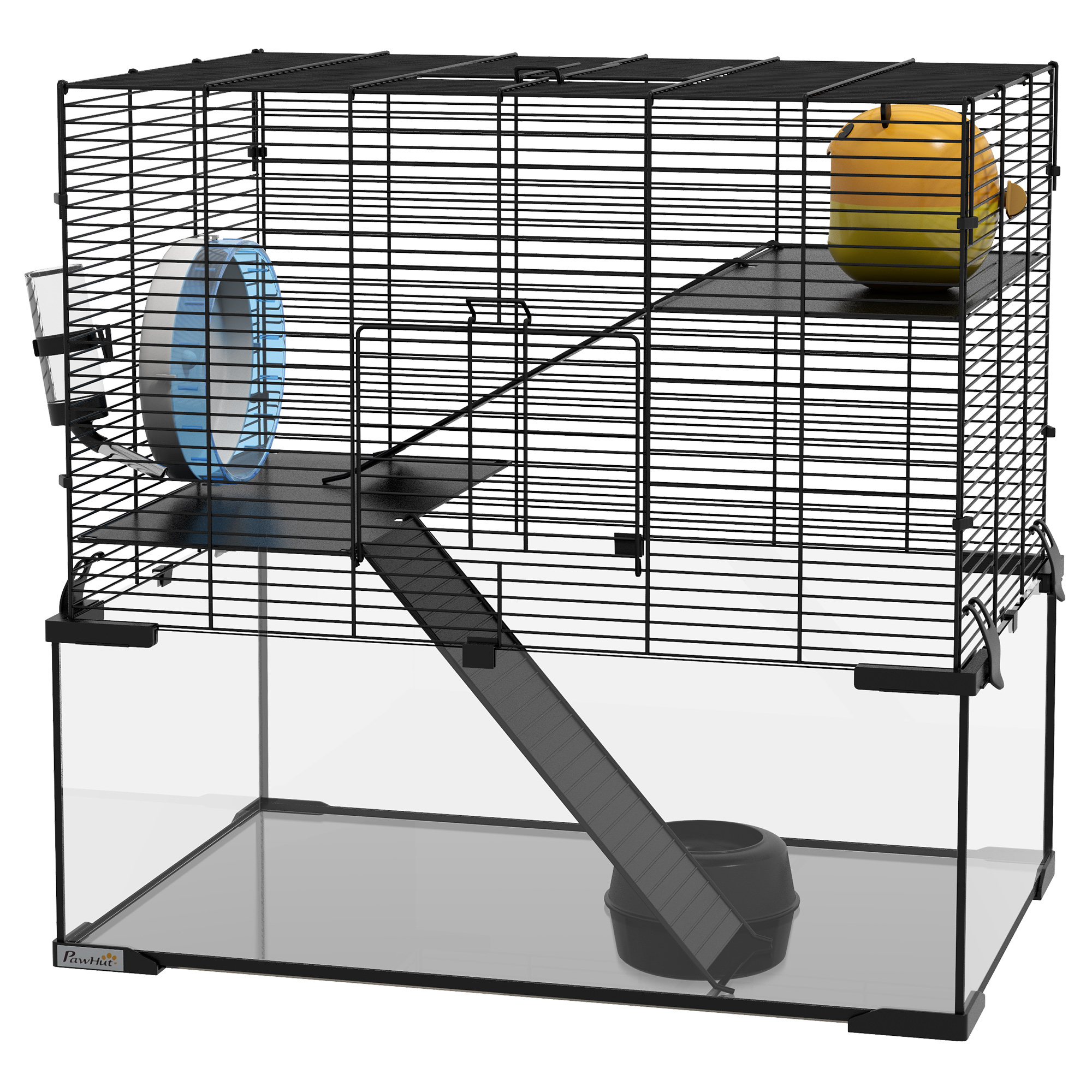 Comparer les prix de PawHut Cage hamster cage rongeur 3 niveaux avec roue rampes maisonnette abreuvoir mangeoire 60L x 40l x 57H cm noir