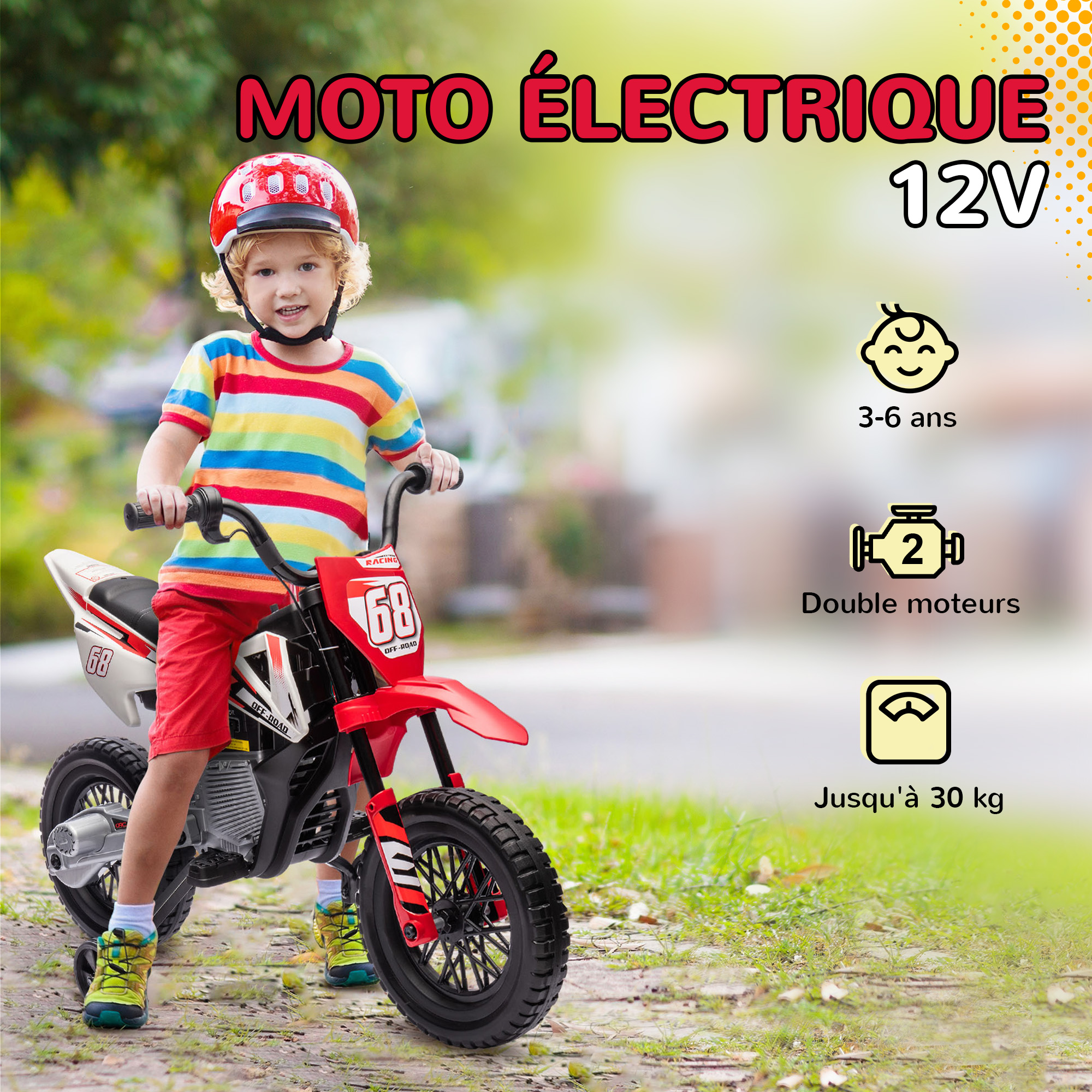 Moto Cross Électrique AIYAPLAY – 12V, 2 Moteurs, Vitesse 5 Km/h, Roues Stabilisatrices, Suspension