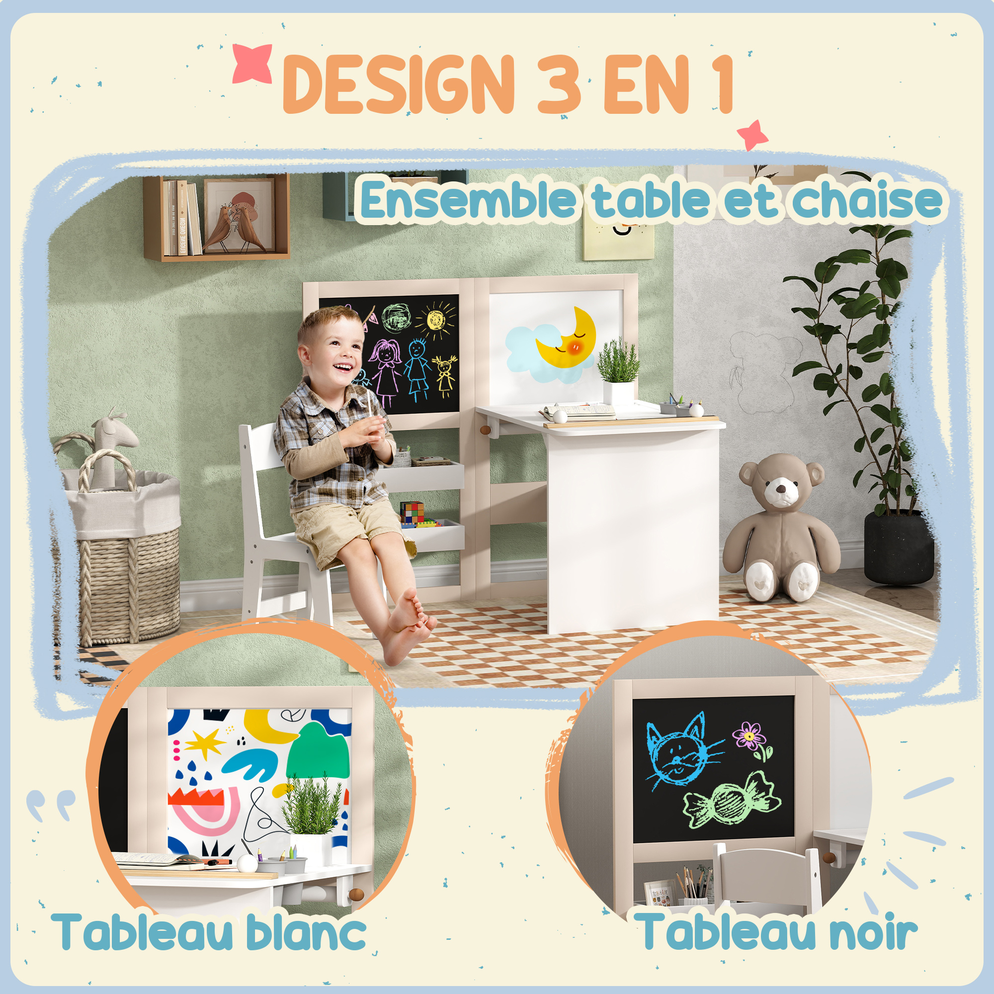 Table Enfant Avec Rangement Table Multi-activités Avec Chaise Table D'art Et D'artisanat Pour Enfants Support De Rouleau De Papier Rangement Rouleau De Papier 2 Marqueurs Blanc/Gris/Rose Ensemble Bureau Enfant