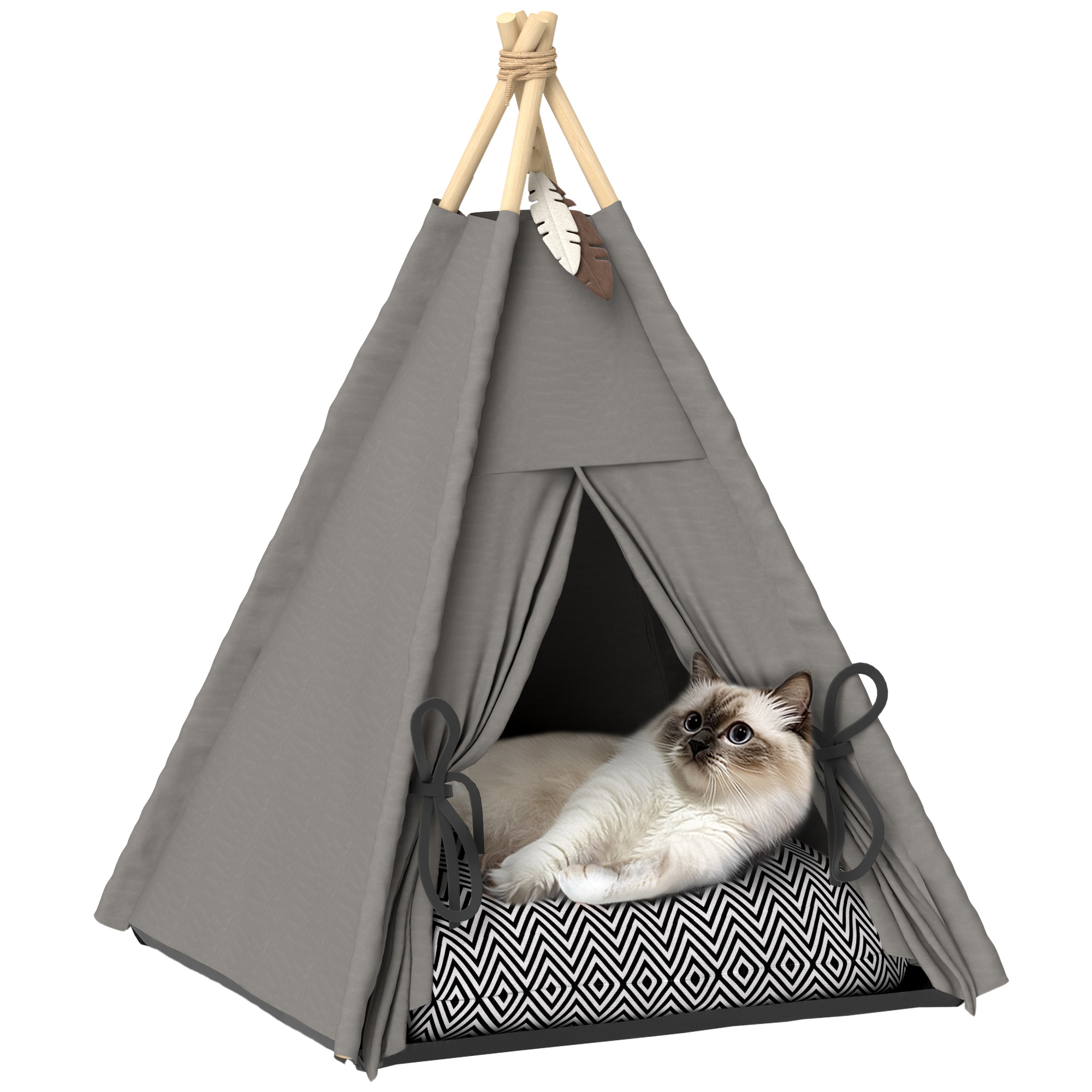 Spetebo Haustier Zelt Aus Holz & Filz - Katzen Tipi Mit Kissen 80x44x42 Cm Grau