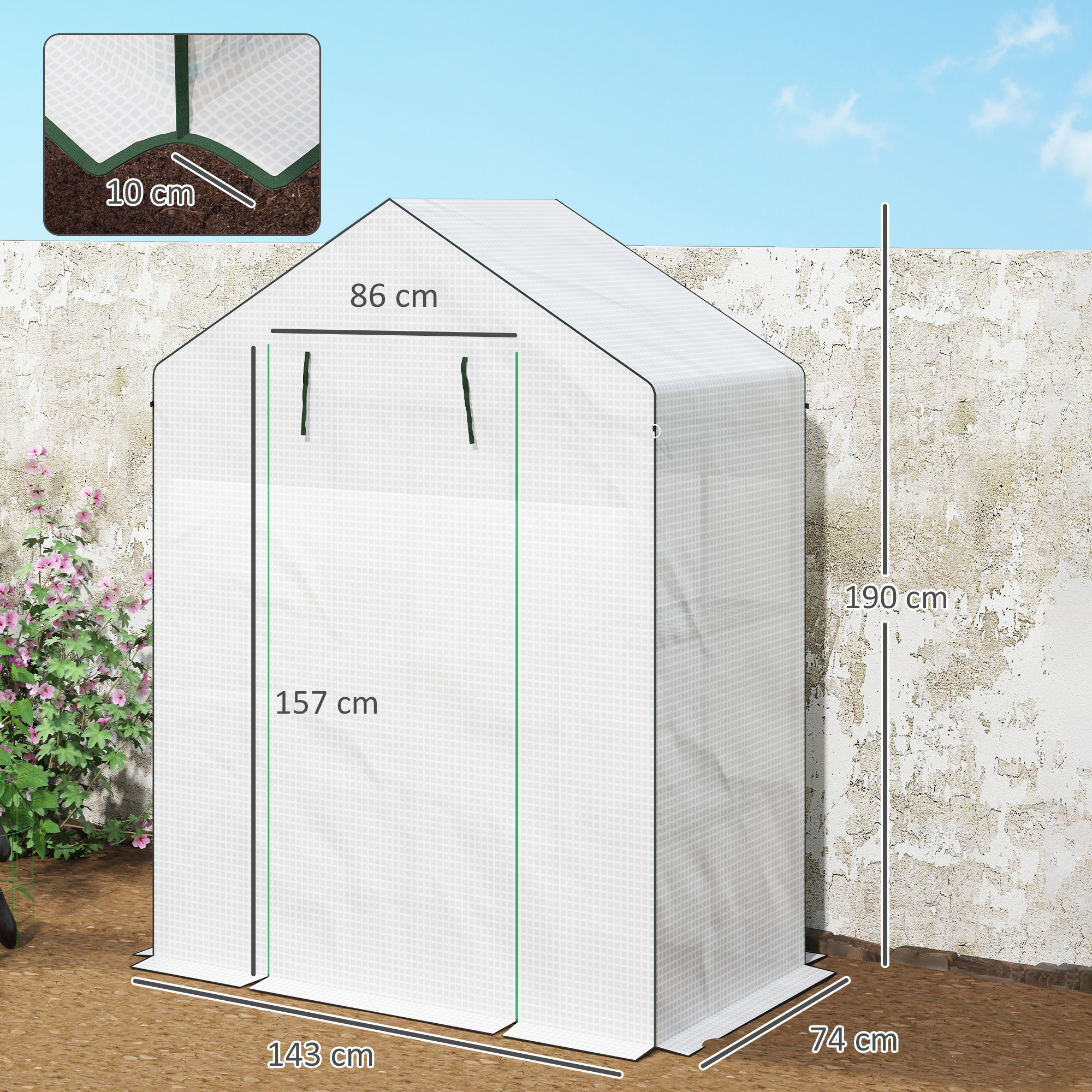 Outsunny 143 x 74cm Walk-In Greenhouse, with Shelves White 3