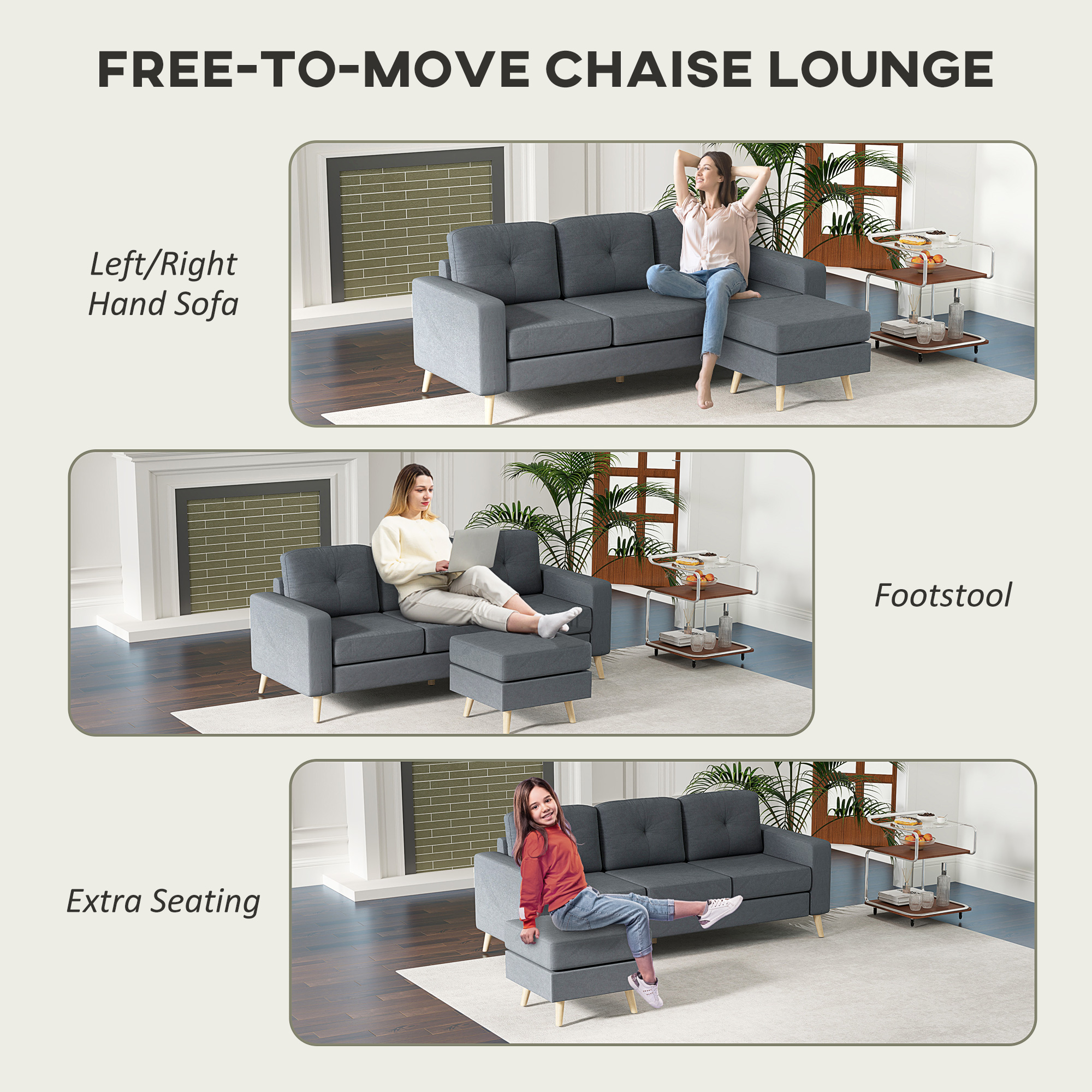 HOMCOM 3 Seater Sofa with Footstool, Fabric L-Shaped Sofa, Sectional Couch with Wood Legs, Tufting Cushioned Back for Small Space, Living Room, Office, Dark Grey 4