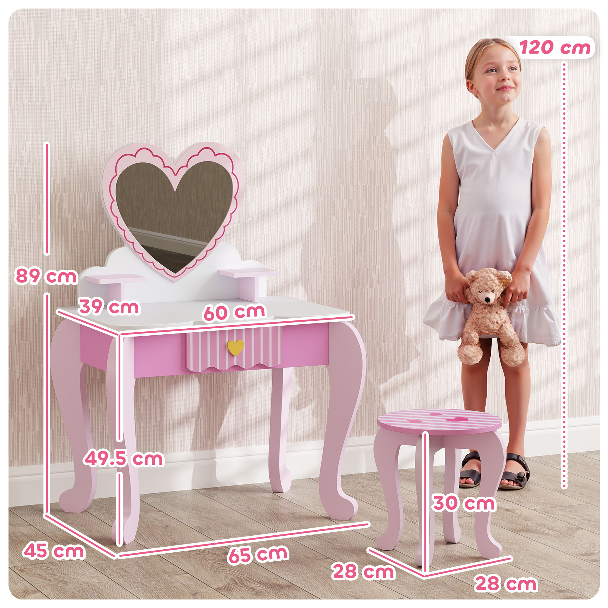 AIYAPLAY Kids Dressing Table Set, Vanity Table with Stool, Mirror, Drawer, Desktop Storage, Heart Theme, Pink 3