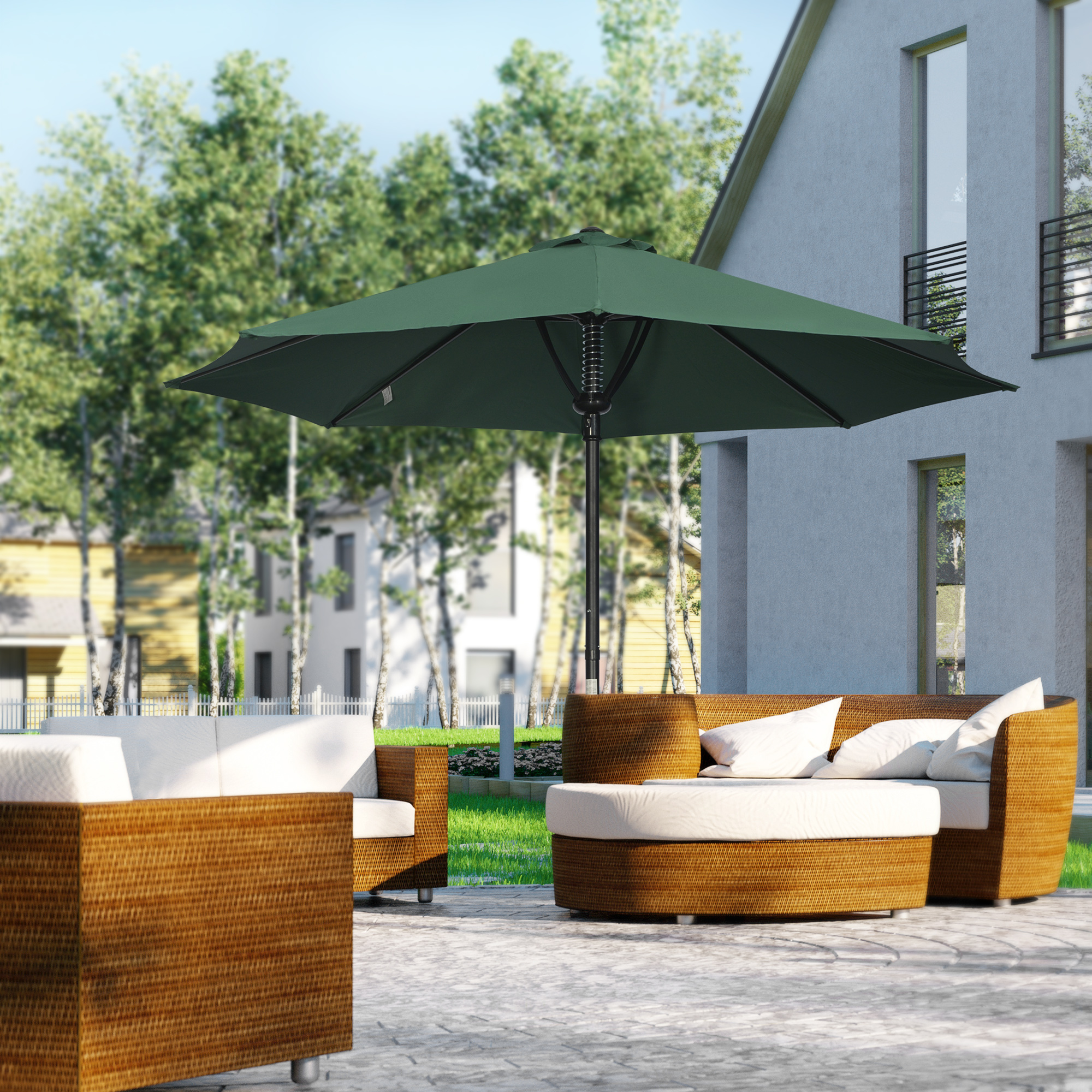 Outsunny Garden 3 m Parasol Umbrella, Outdoor Market Table Umbrella Sun Shade Canopy with 8 Ribs, Easy Push to Open, Green 2