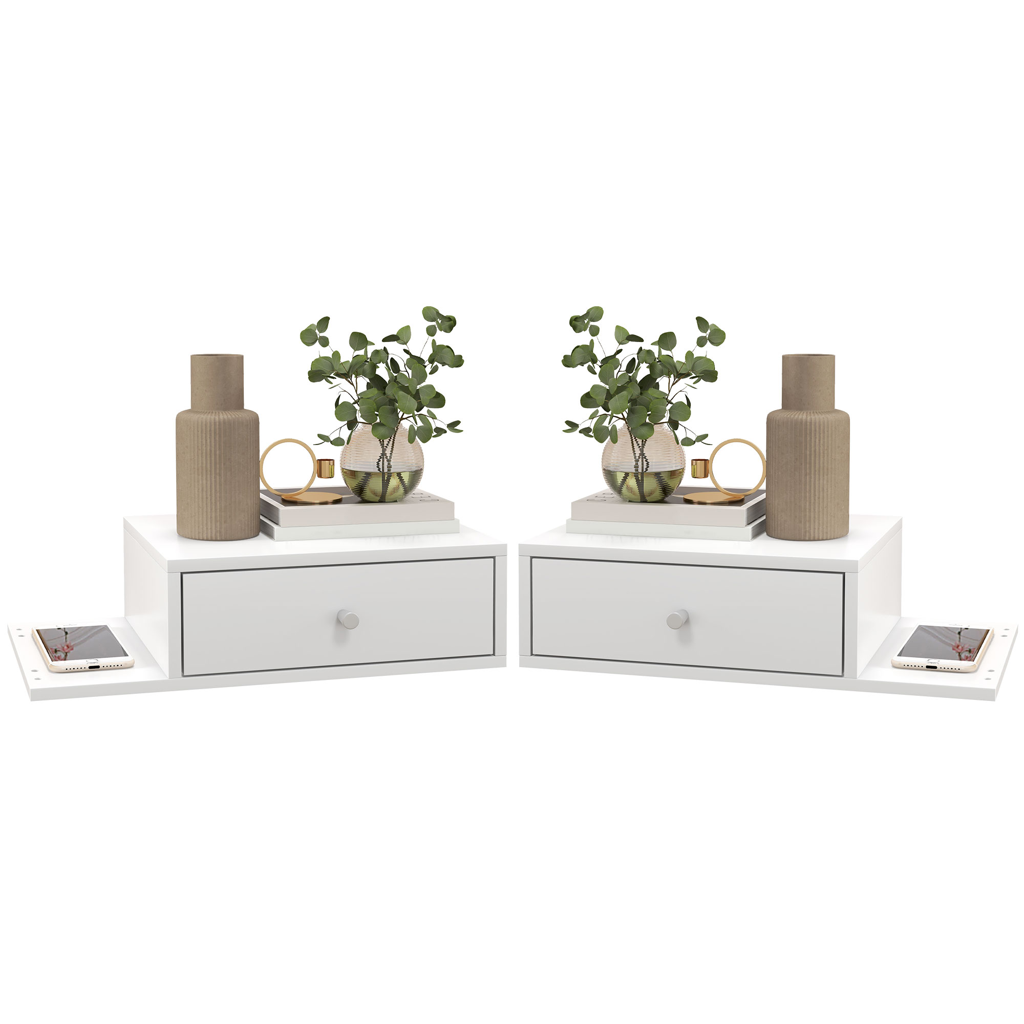 HOMCOM Lot de 2 tables de chevet murales - lot de 2 tables de nuit - étagère latérale et tiroir - 55l x 30P x 15H cm MDF blanc