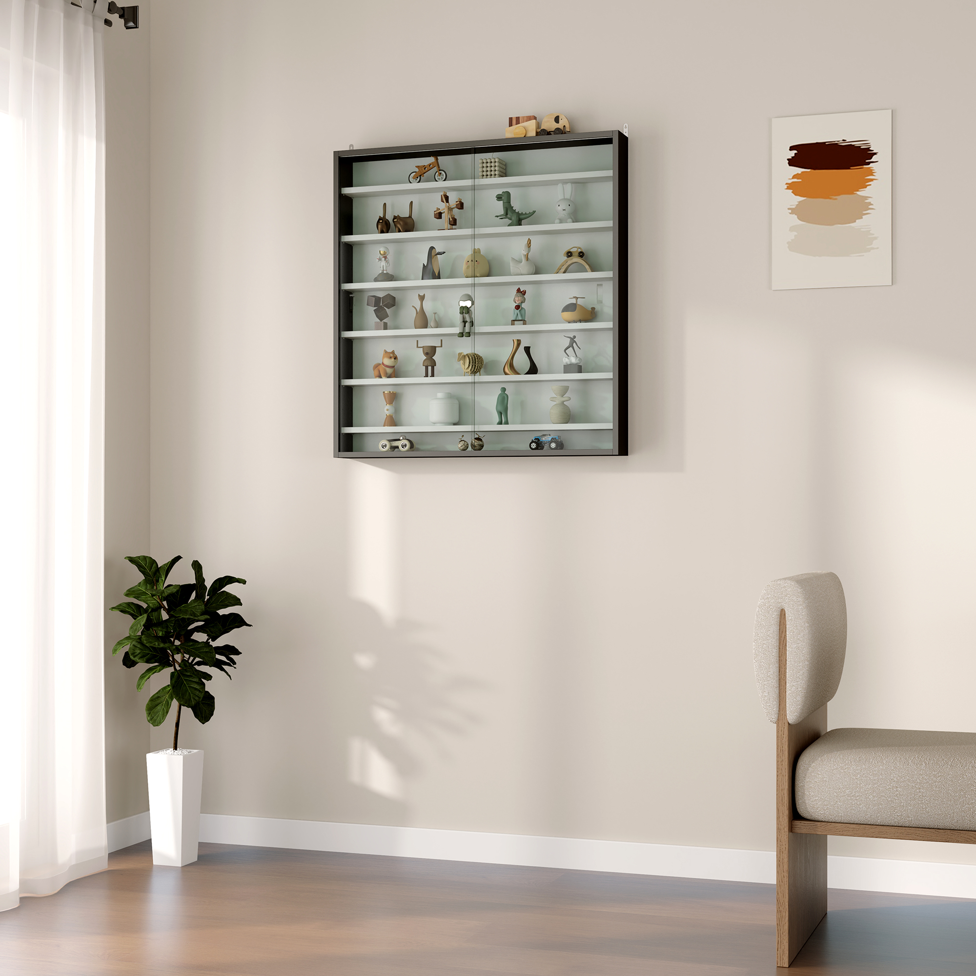 HOMCOM Six Shelf Display Cabinet, with Glass Doors Black and White 8