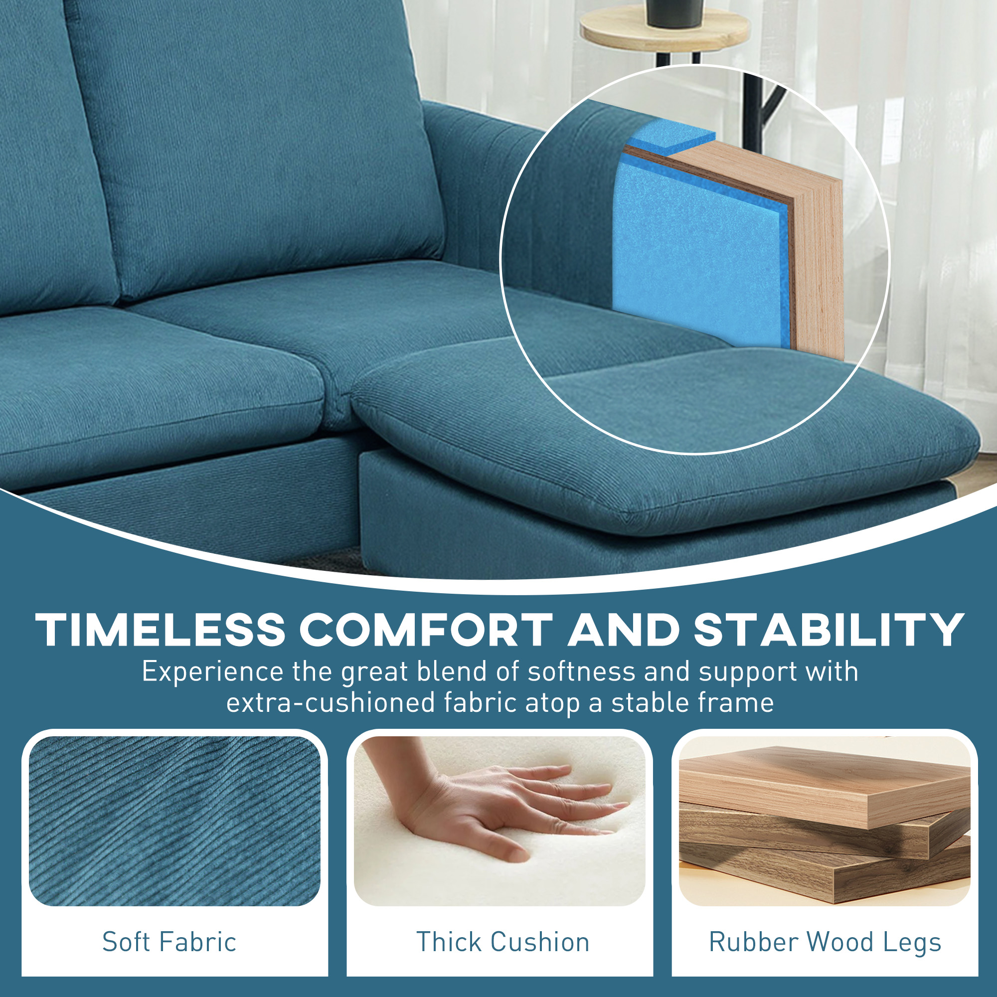 HOMCOM 3 Seater Sofa with Ottoman, 196cm Corduroy L-shaped Sofa Couch with Scatter Back, Reversible Chaise Lounge for Living Room, Home Office, Small Spaces, Blue 8