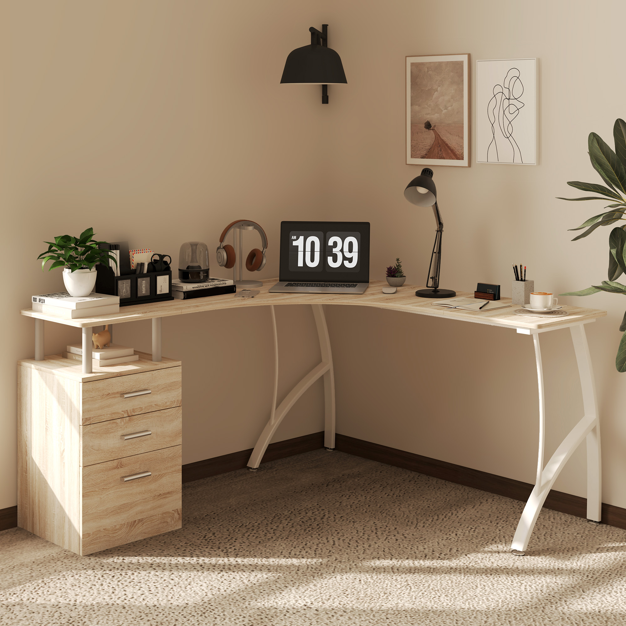 HOMCOM L-Shaped Computer Desk Table with Storage Drawer, Home Office Desk Corner Industrial Style Workstation for A4 Files 143.5 x 143.5 x 76cm, Oak 2