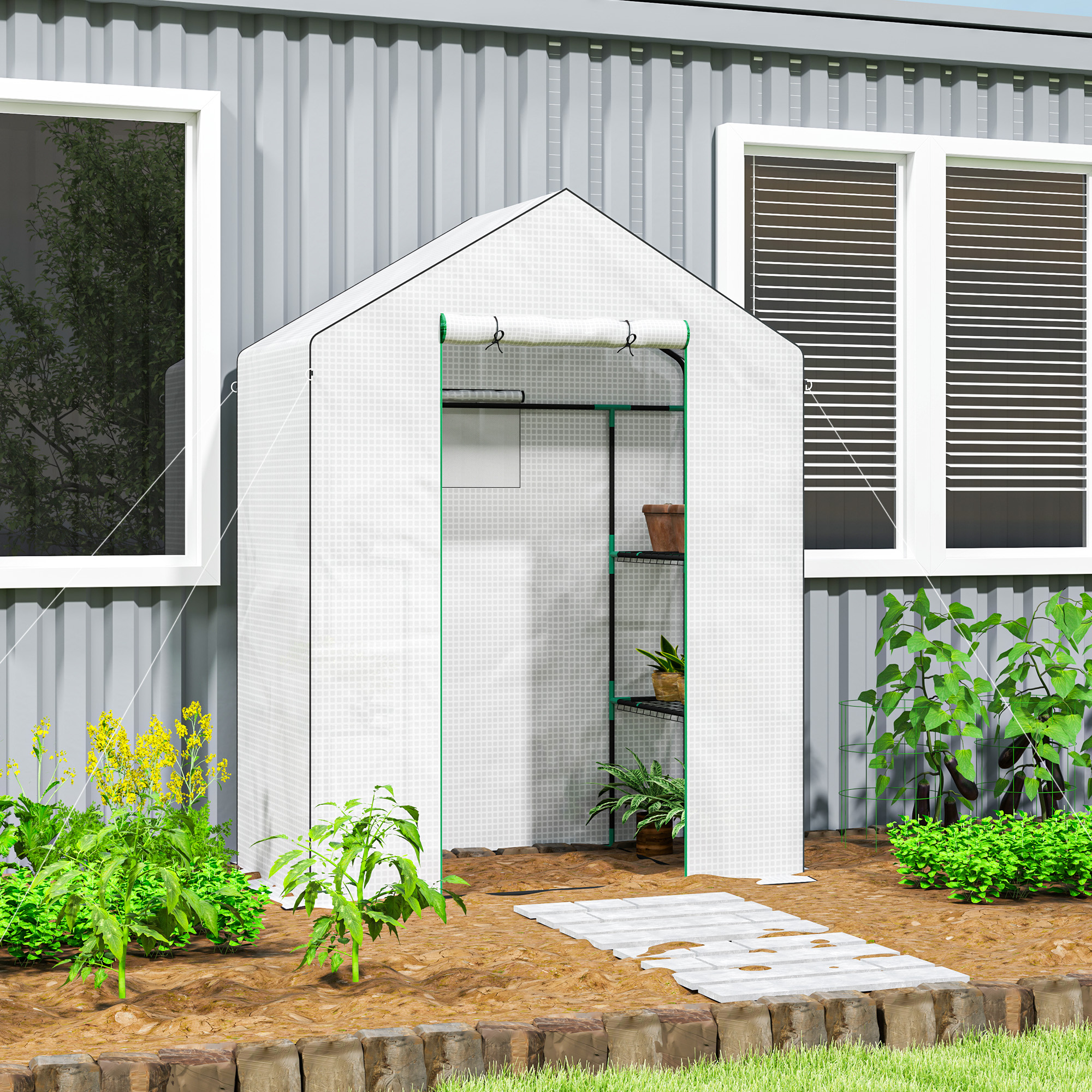 Outsunny 143 x 74cm Walk-In Greenhouse, with Shelves White 2