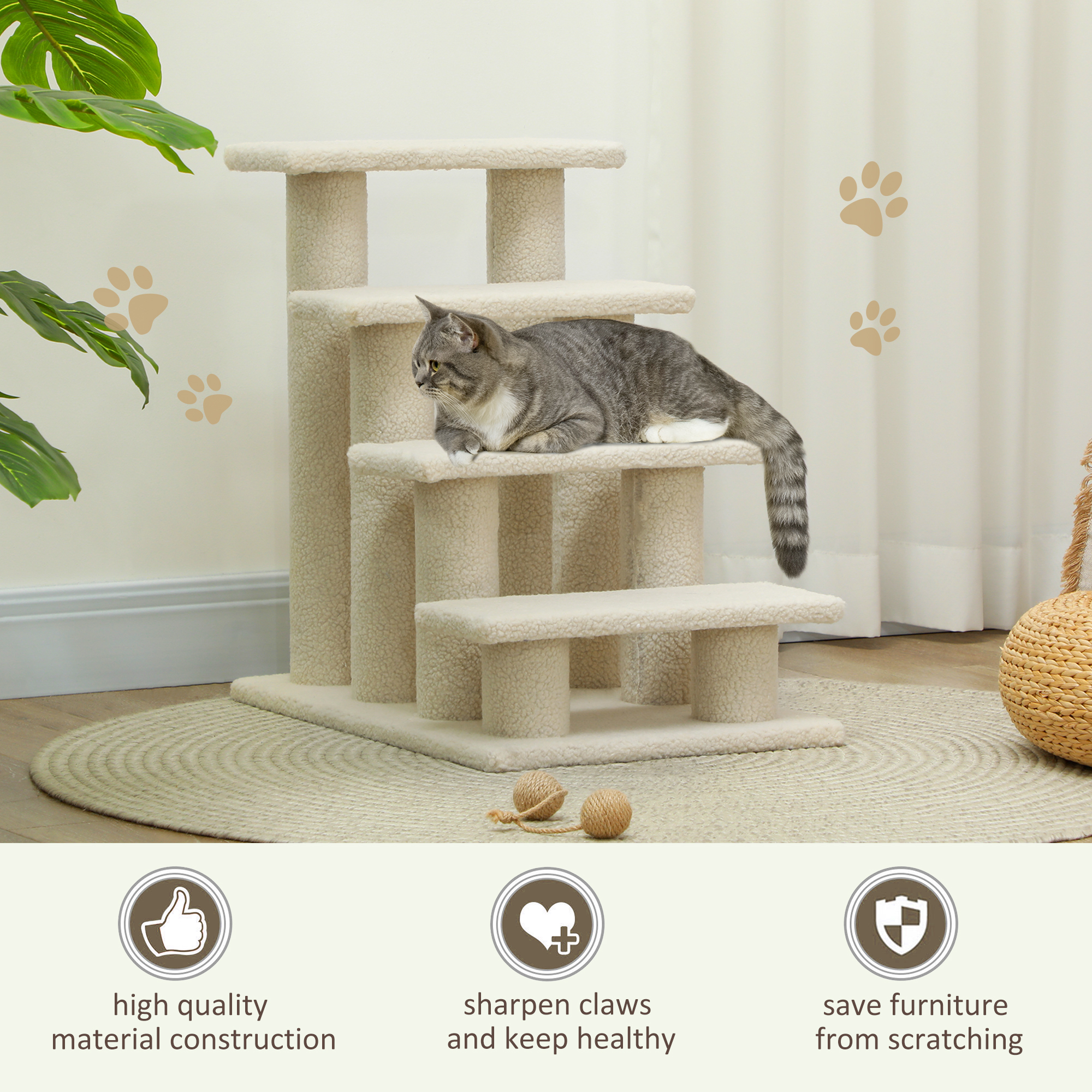 PawHut Dog Steps for Bed 4 Step Pet Stairs for Sofa Dog Cat Climb Ladder 63x43x60 cm Cream 6