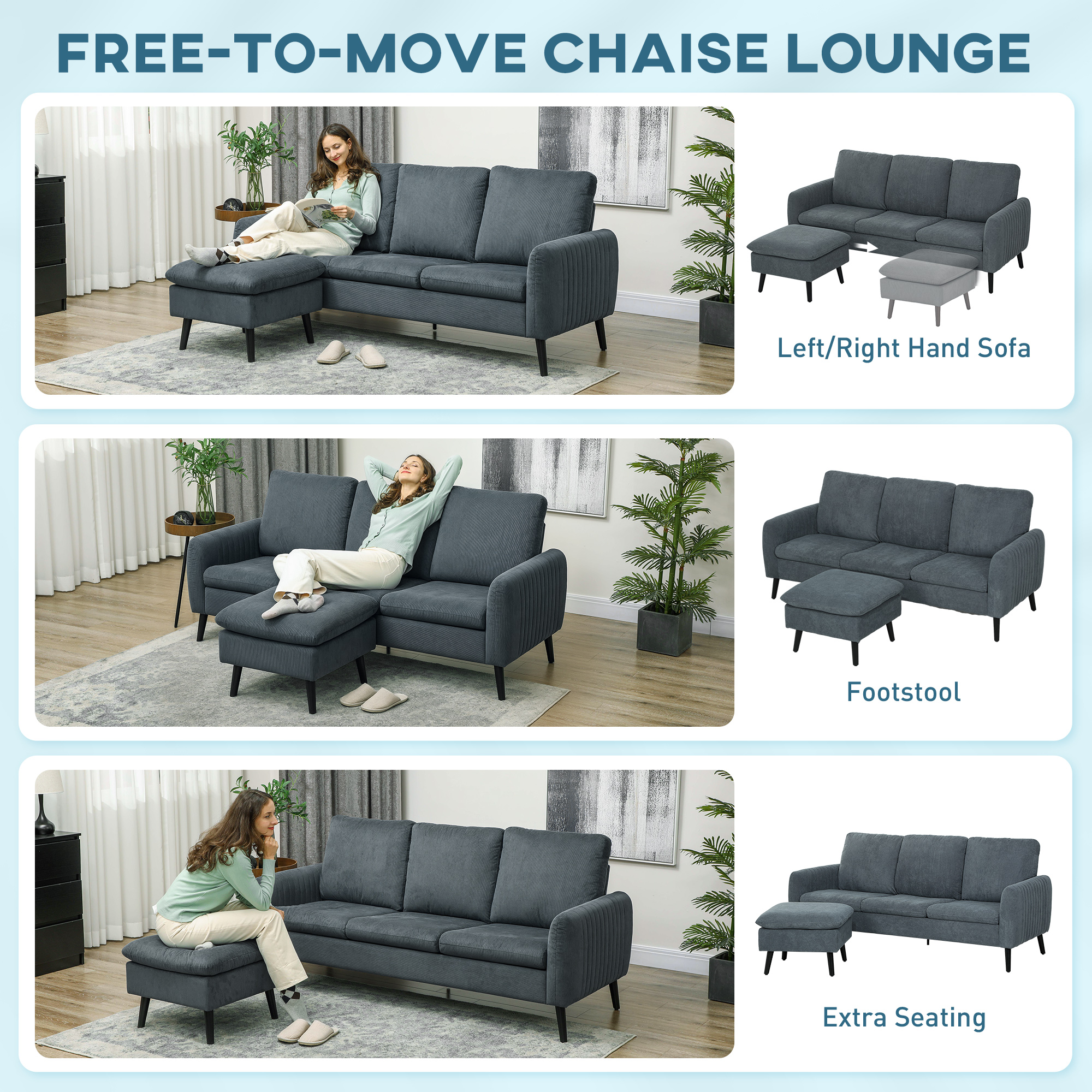 HOMCOM 3 Seater Sofa with Ottoman, 196cm Corduroy L-shaped Sofa Couch with Scatter Back, Reversible Chaise Lounge for Living Room, Home Office, Small Spaces, Charcoal Grey 4