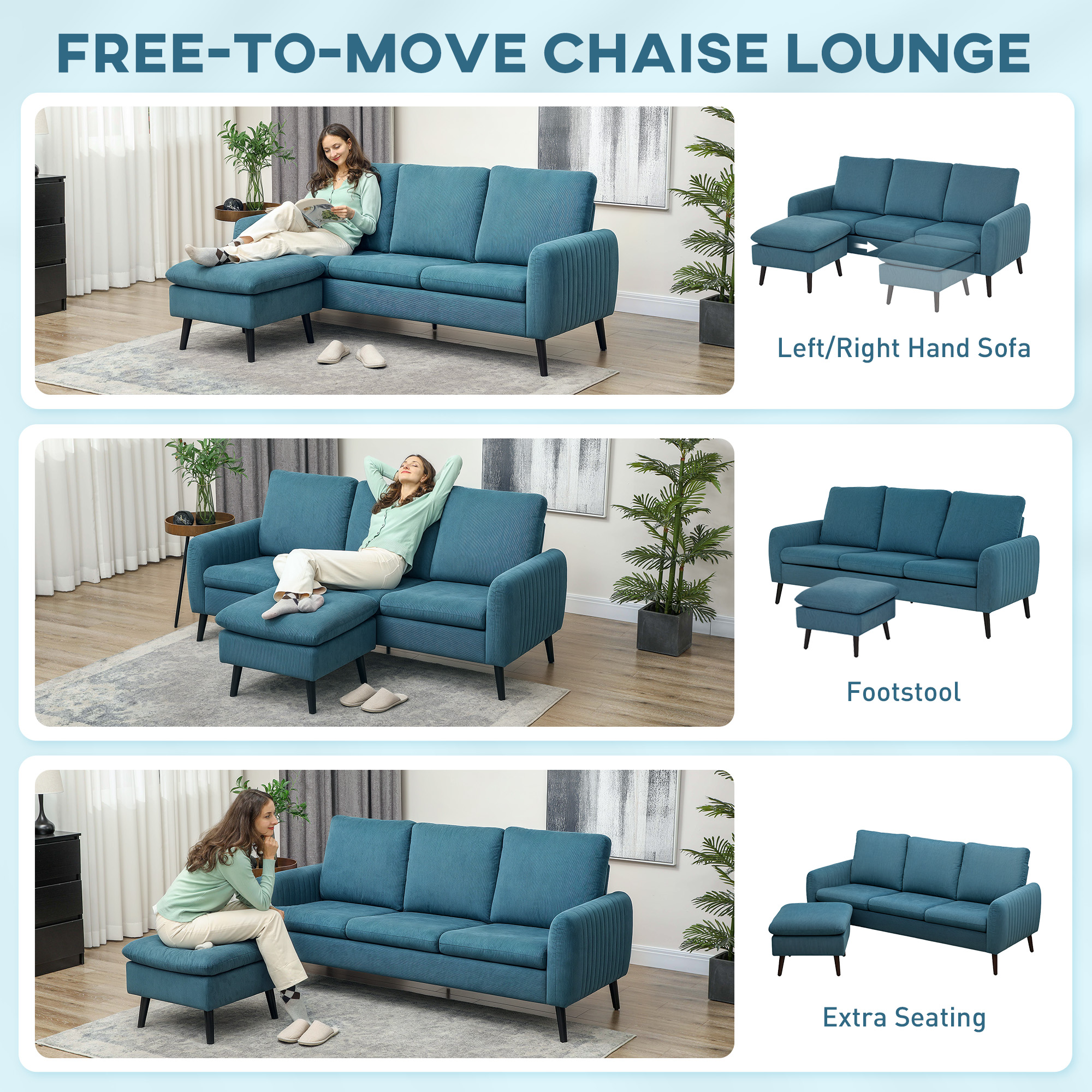 HOMCOM 3 Seater Sofa with Ottoman, 196cm Corduroy L-shaped Sofa Couch with Scatter Back, Reversible Chaise Lounge for Living Room, Home Office, Small Spaces, Blue 4
