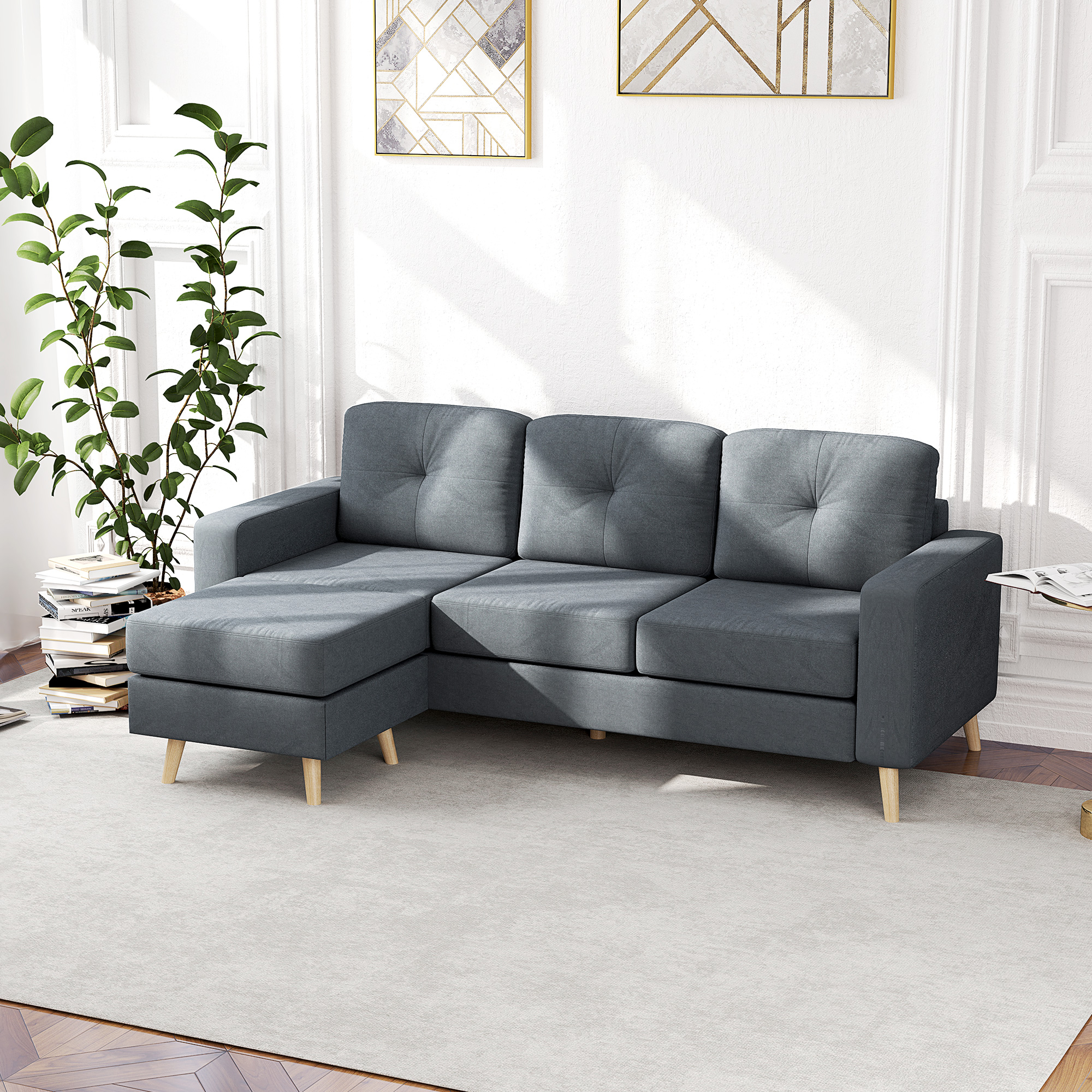 HOMCOM 3 Seater Sofa with Footstool, Fabric L-Shaped Sofa, Sectional Couch with Wood Legs, Tufting Cushioned Back for Small Space, Living Room, Office, Dark Grey 2