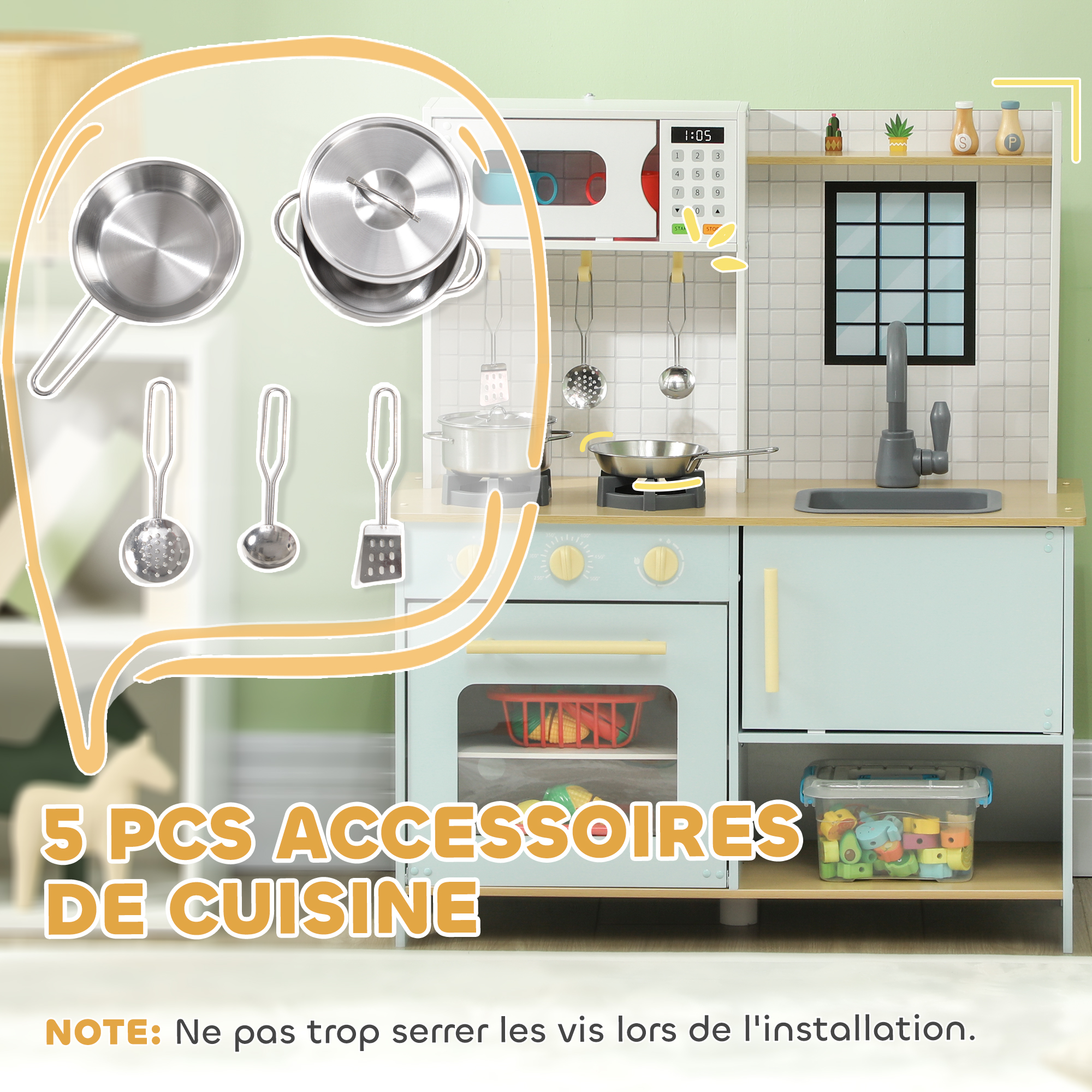Baroni Toys Cuisine jeu en bois Montessori pour fille, jouet mini cuisine en bois pour enfant, jeu cuisine avec four micro-ondes, évier et poêle, jeu enfants de 3 à 7 ans, 58