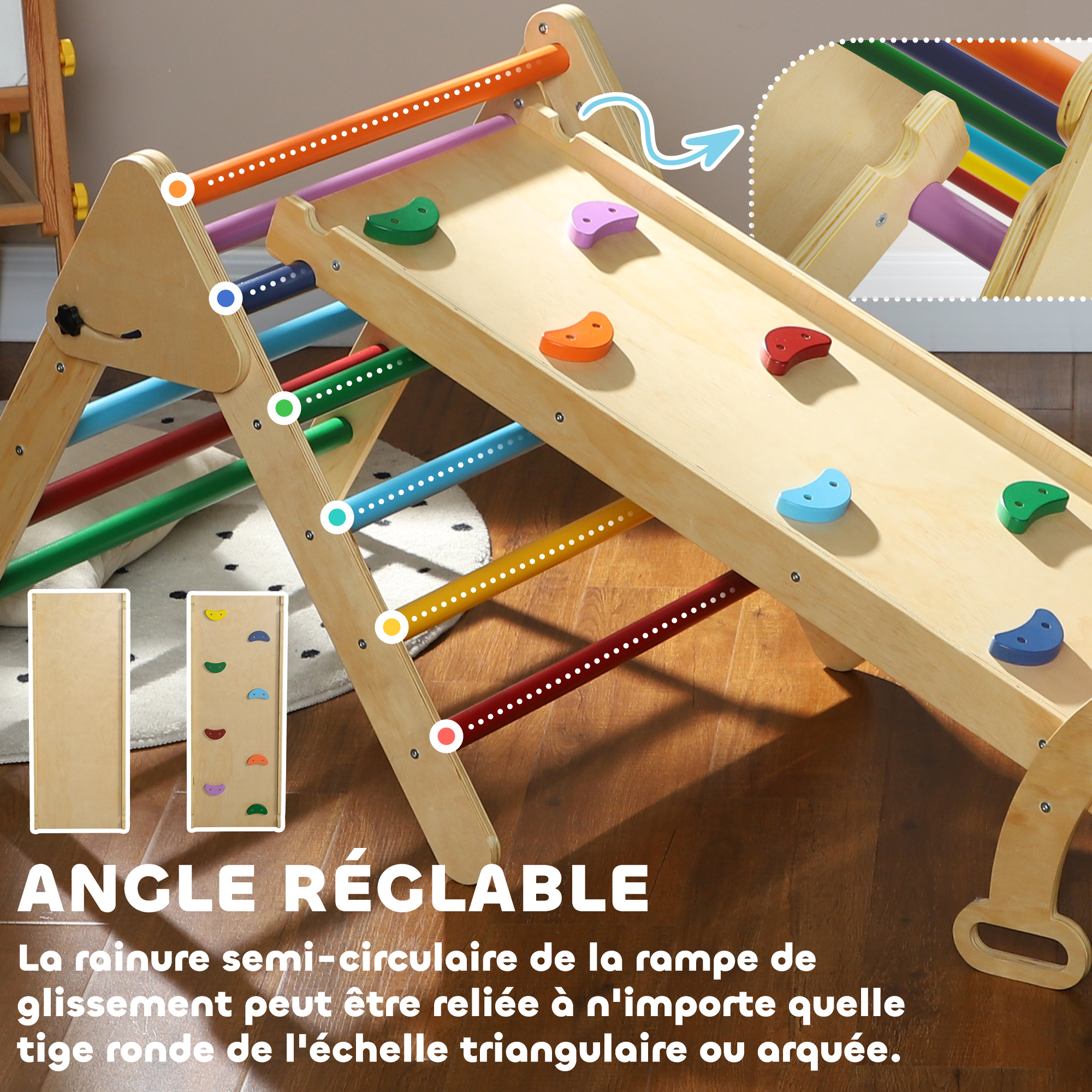 Triangle D'Escalade Enfant 5-en-1 Avec Toboggan – Bois Naturel, Pliable, Pour 18-48 Mois (Max 50 Kg) - 14