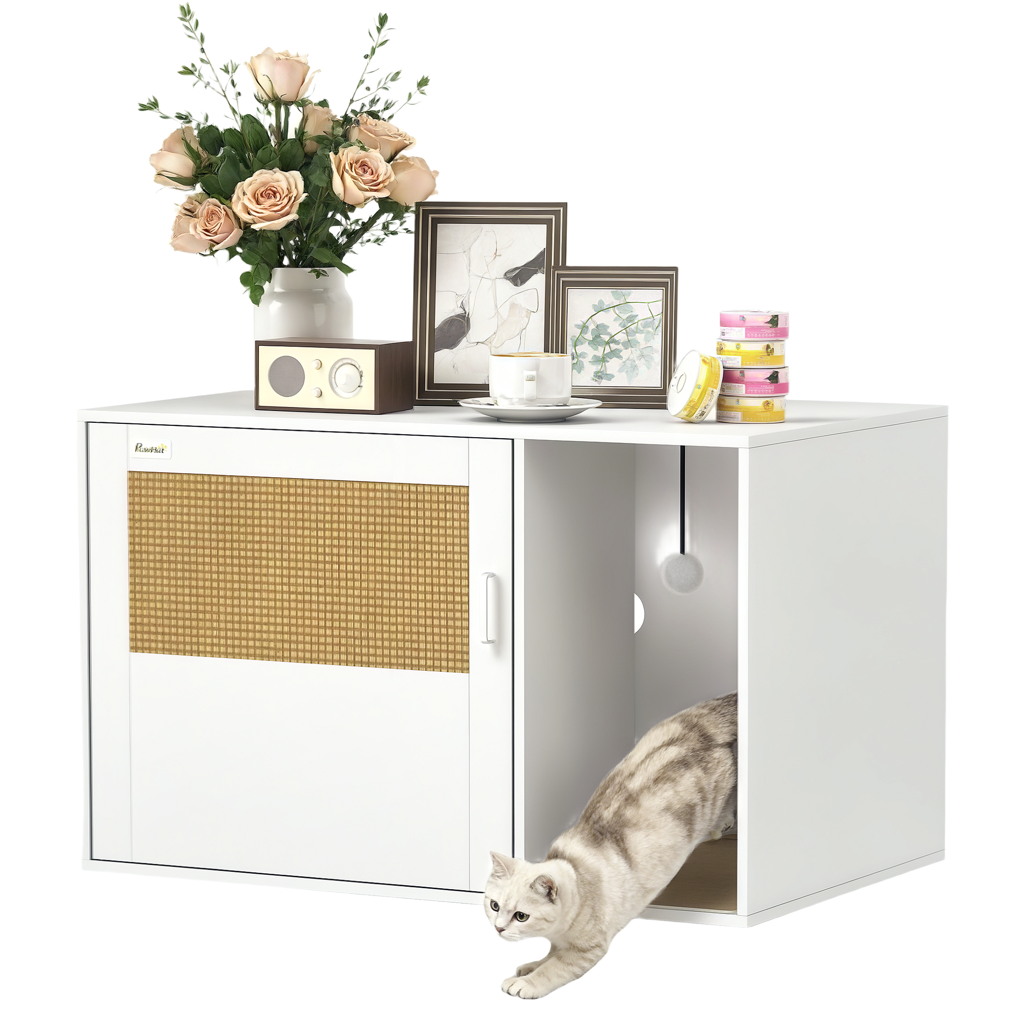 PawHut Mueble Arenero para Gatos Arenero para Gatos con Almohadilla para Rascar y Puerta de Ratán 80x50x50 cm Blanco