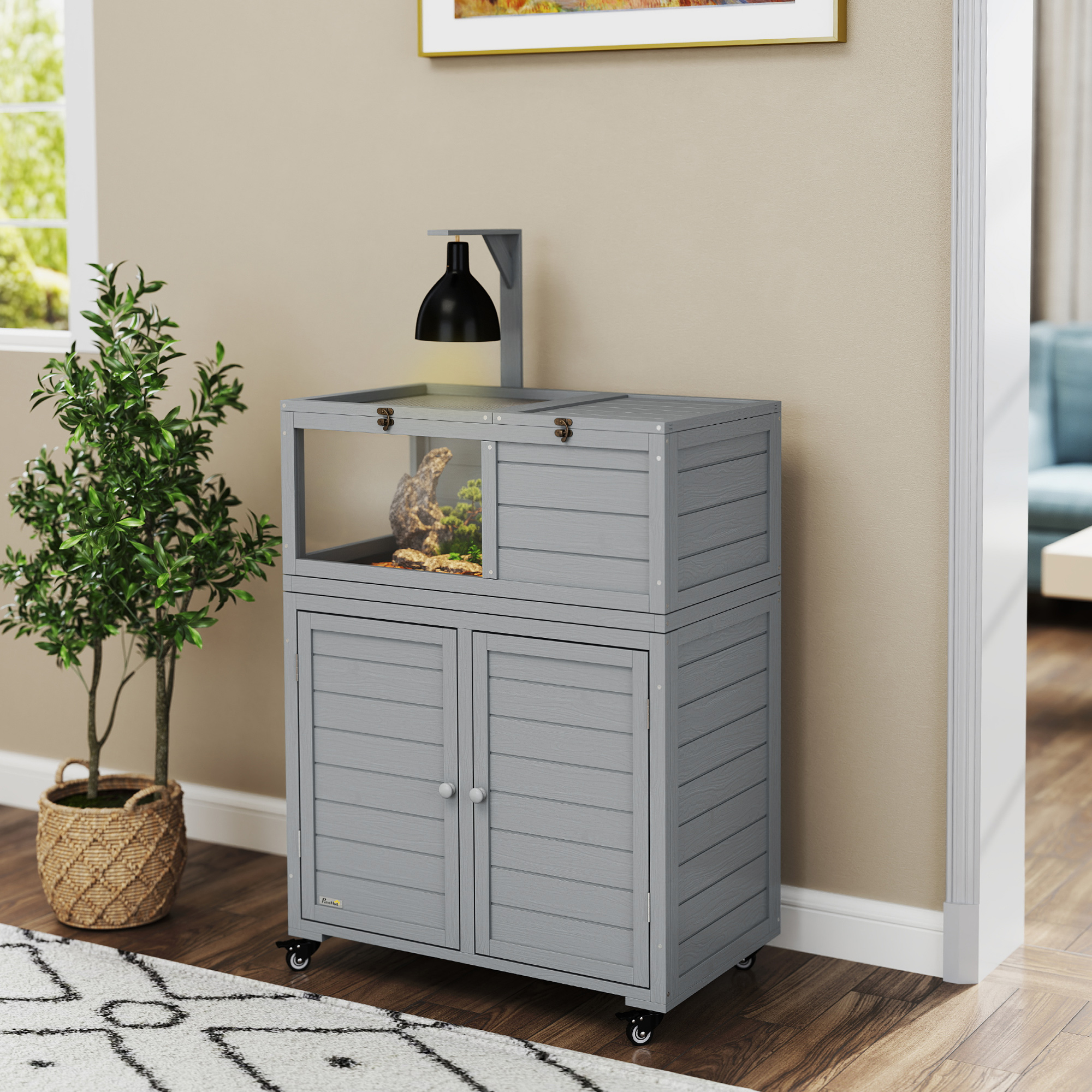 PawHut Wooden Tortoise House with Storage Shelf, Clear Observation Windows, Lamp Holder, Openable Top, Built-in Tray, Yellow