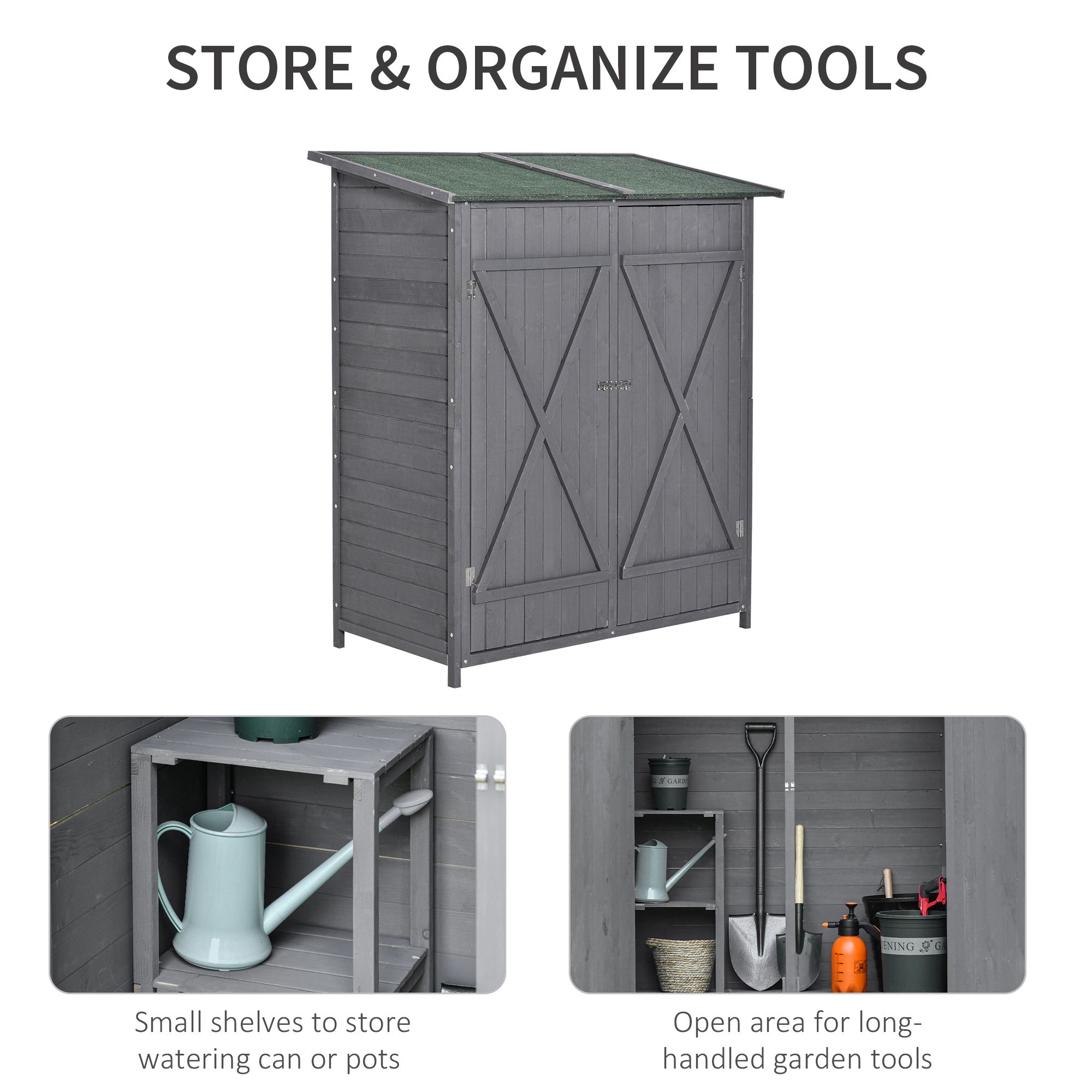 Outsunny 139 x 75 Fir Wood Garden Shed, with Asphalt Roof Grey 6