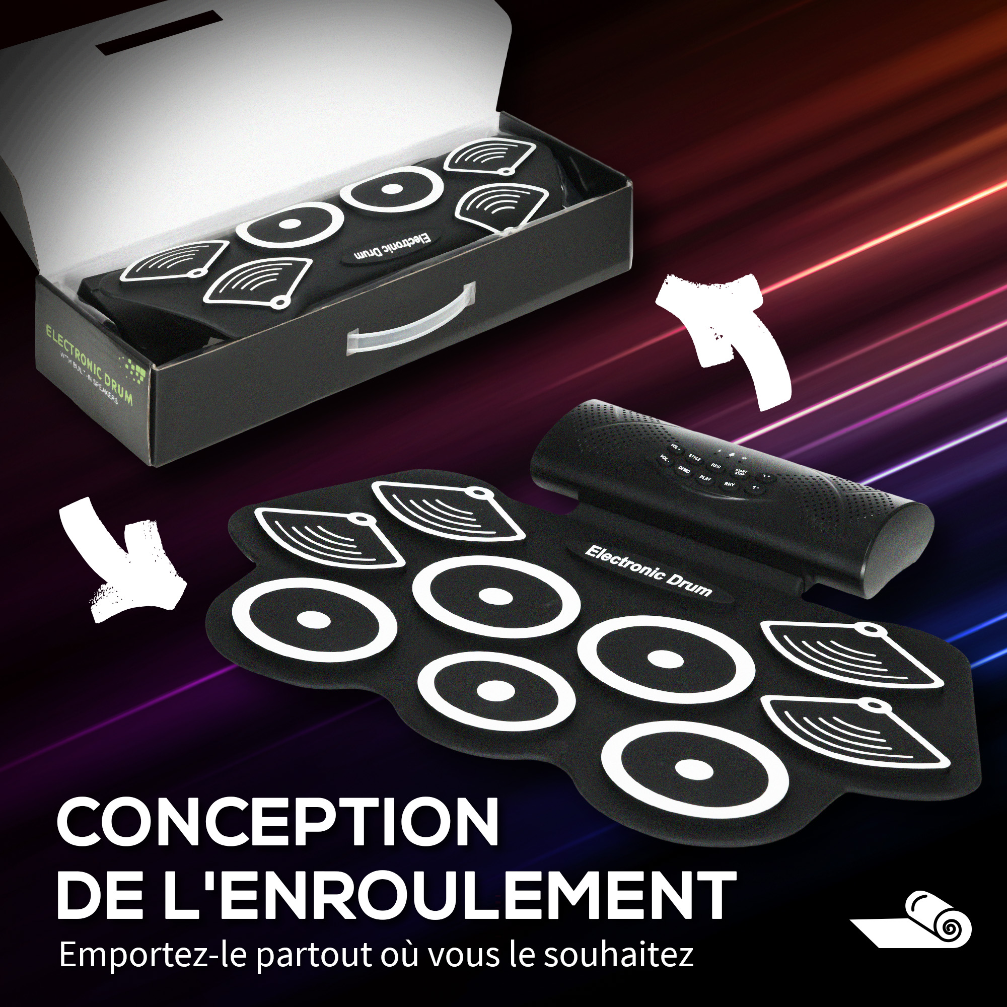 Batterie Portable Rechargeable Batterie Électronique Roll Up 9 Pads - Kit Débutant Avec Pédales, Enceintes Et MIDI | Idéal Noël & Anniversaire Drum Set Pearl
