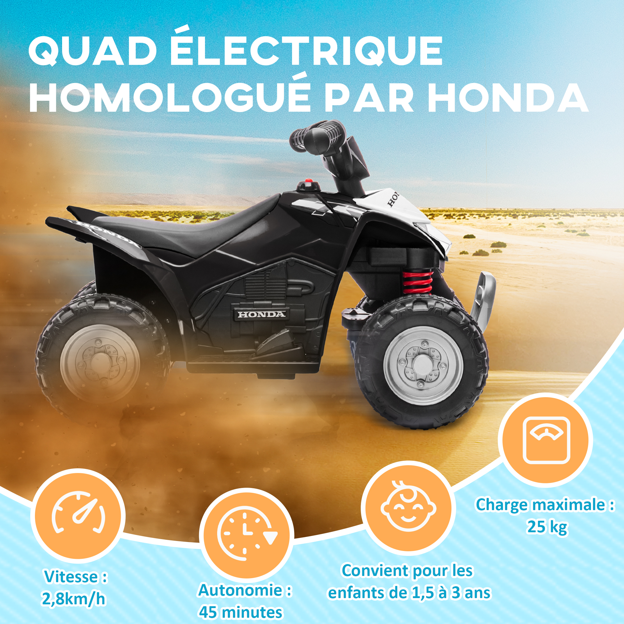 AIYAPLAY Children's Electric Quad 6V Honda Licensed Electric Car Children Speed 2.8km/h LED Headlights Horn 4x4 Electric Child Handle and Ergonomic