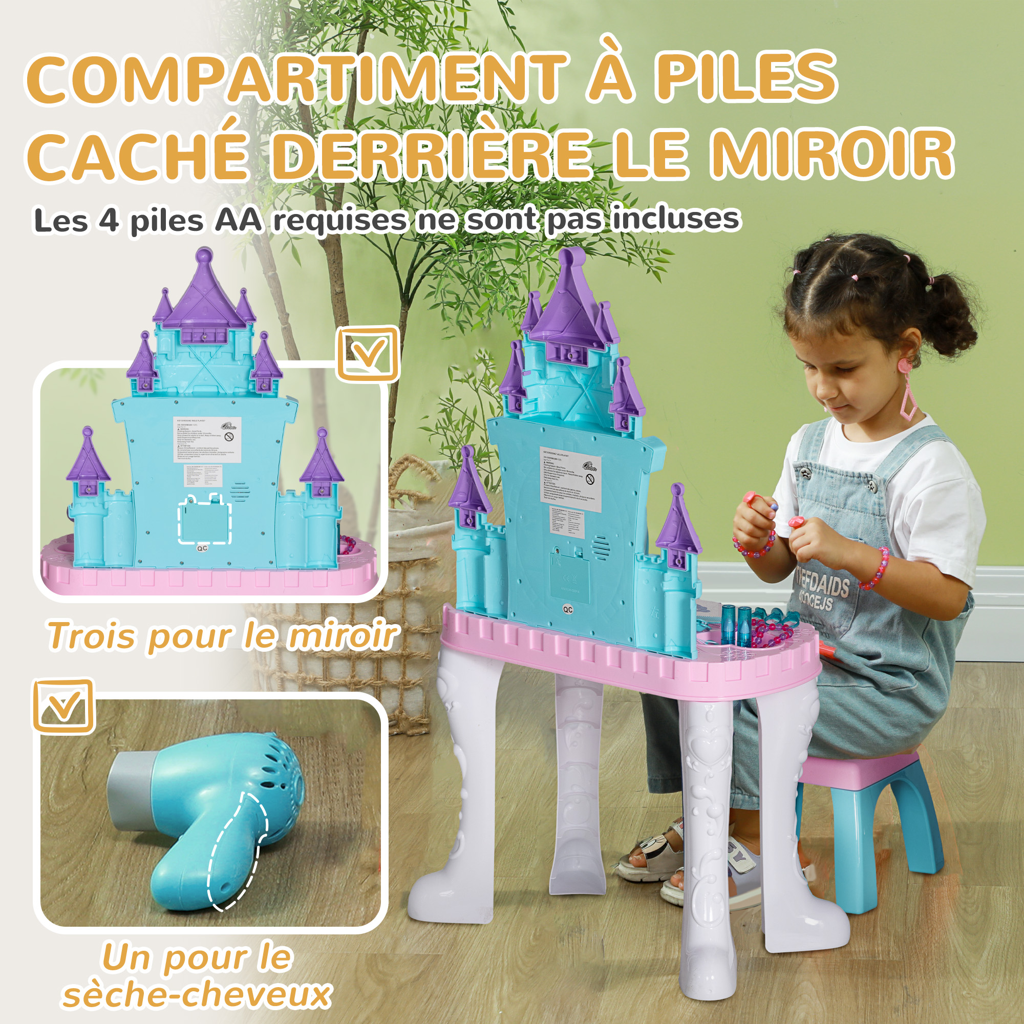 AIYAPLAY Coiffeuse Pour Enfants Avec Tabouret Et Miroir LED, Coiffeuse Fille En Bois Avec Tiroirs En Tissu, étagères Ouvertes Et Crochets à Bijoux, Table De Maquillage Pour 3 à 8 Ans, Blanc