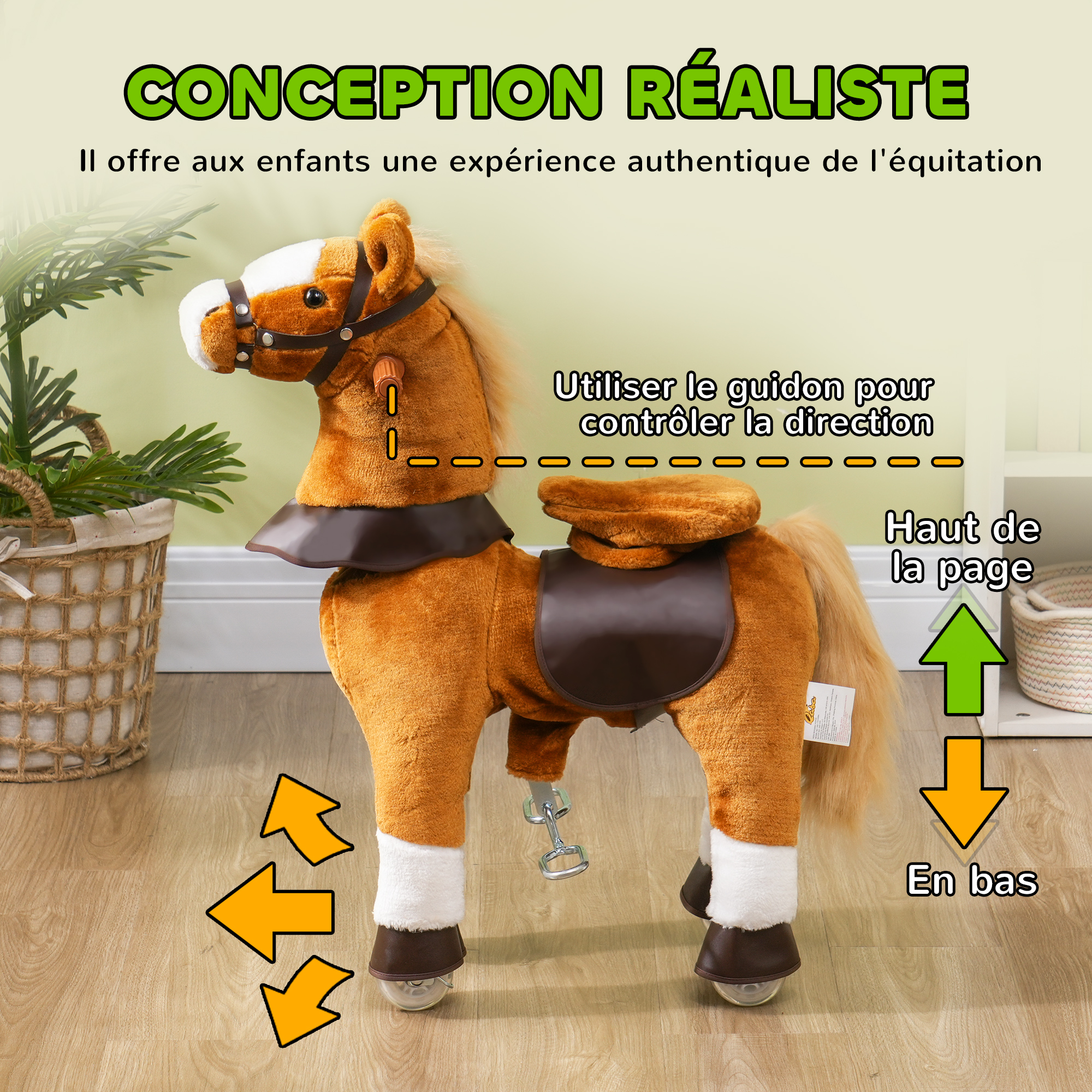 Cheval de cowboy à roulettes effet sonore selle marron et blanc neuf 64