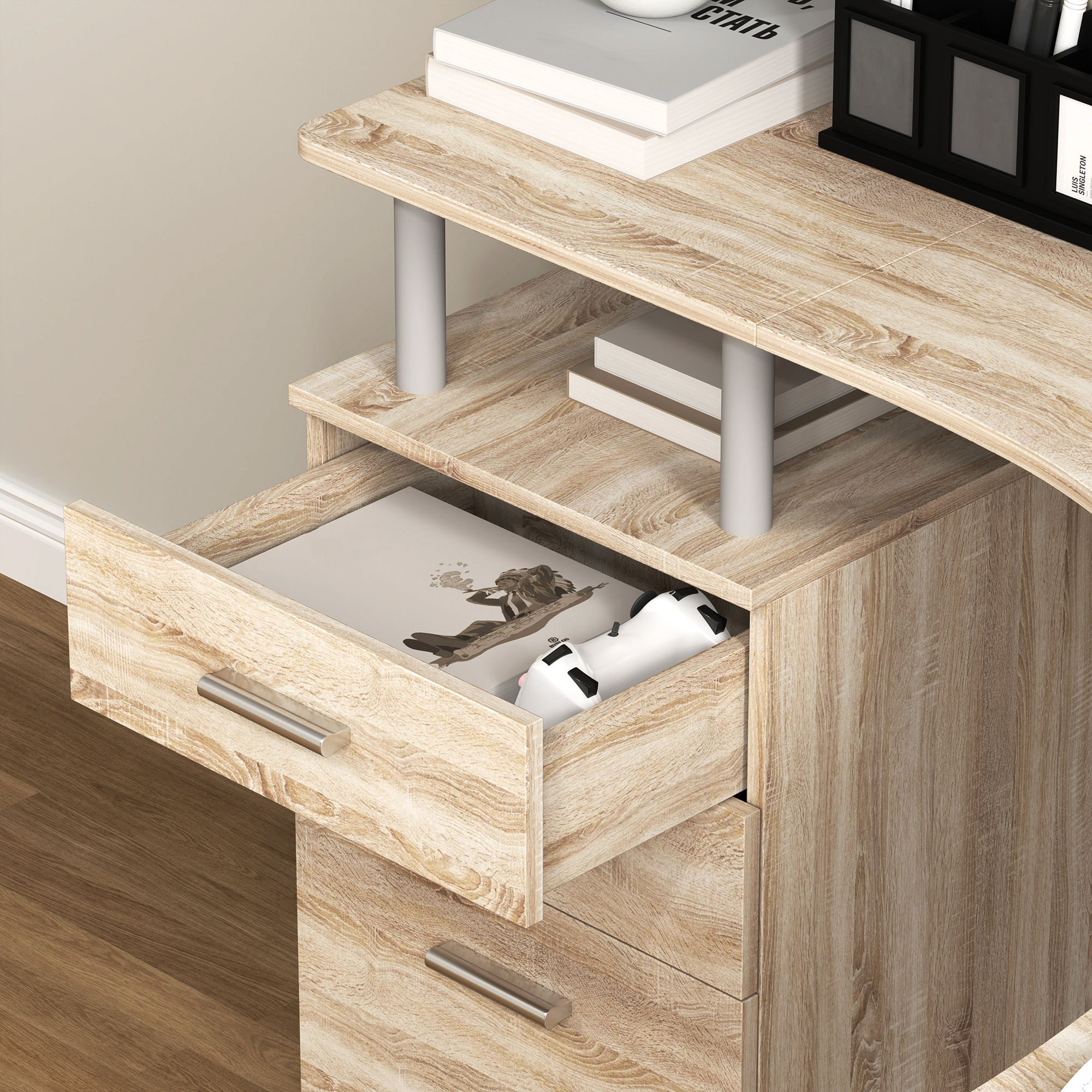 HOMCOM L-Shaped Computer Desk Table with Storage Drawer, Home Office Desk Corner Industrial Style Workstation for A4 Files 143.5 x 143.5 x 76cm, Oak 9
