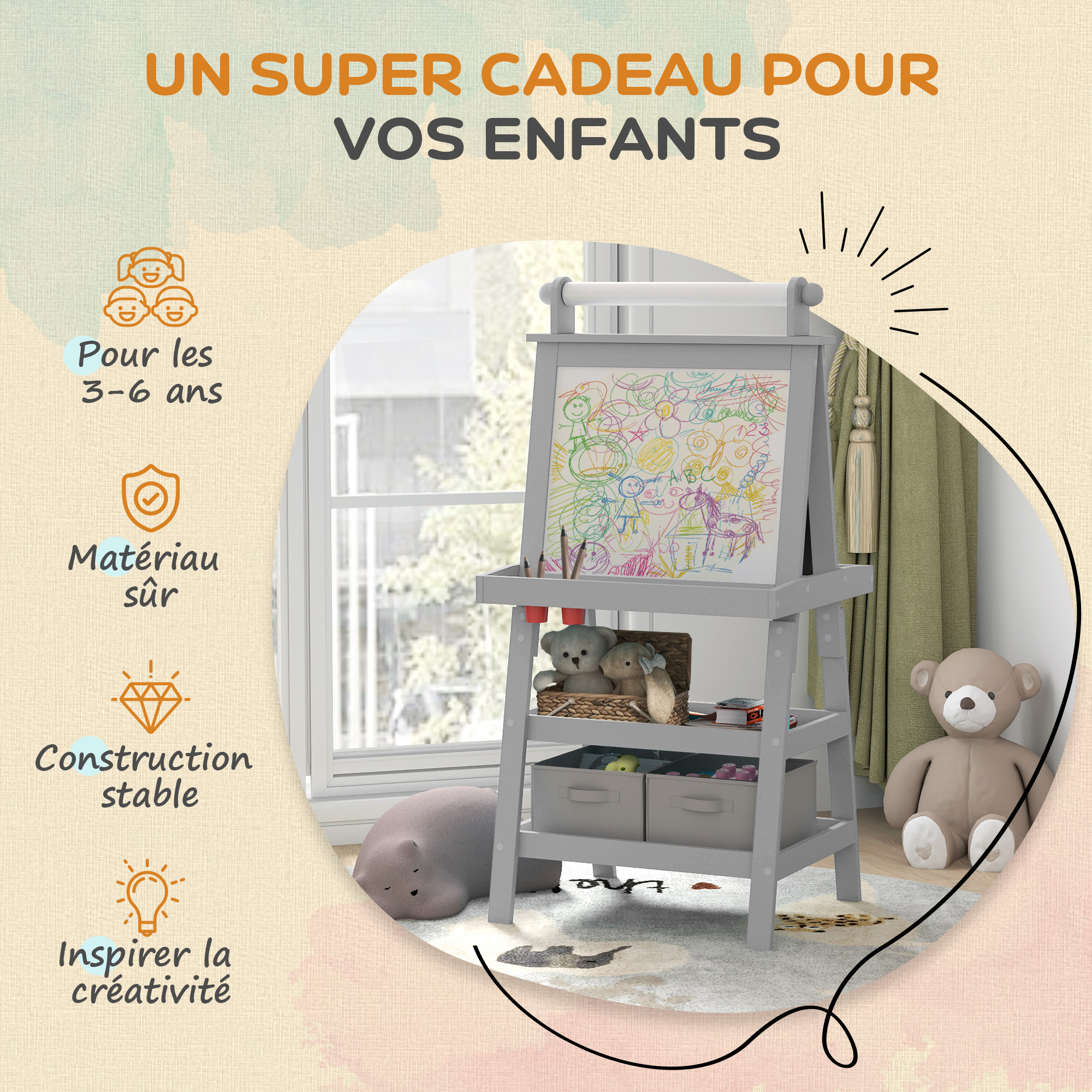AIYAPLAY Chevalet 3 En 1 Pour Enfants – Tableau Noir, Blanc, Rouleau De Papier – Paniers Rangement – Rose