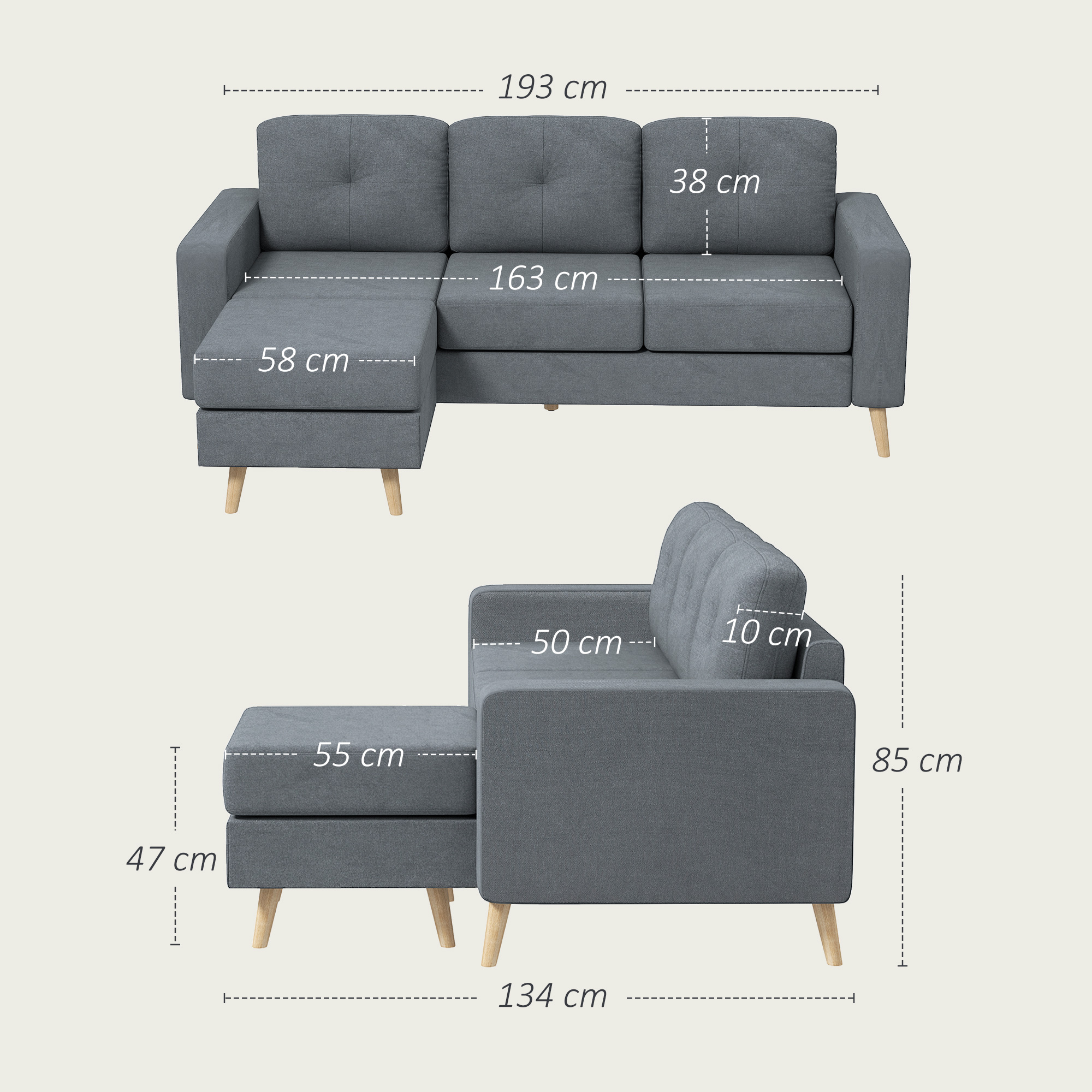HOMCOM 3 Seater Sofa with Footstool, Fabric L-Shaped Sofa, Sectional Couch with Wood Legs, Tufting Cushioned Back for Small Space, Living Room, Office, Dark Grey 3