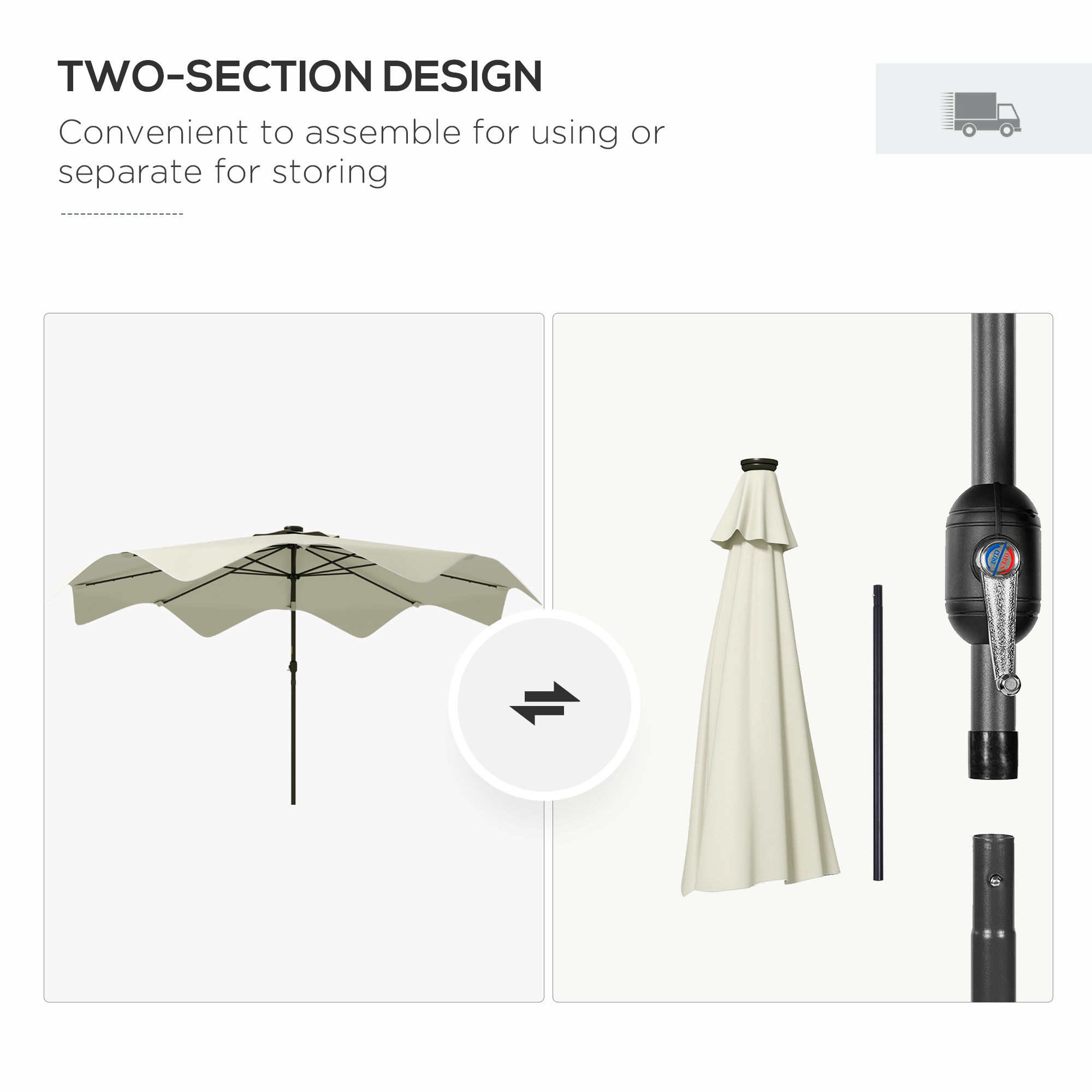 Outsunny Solar Patio Umbrella with LED and Tilt, Outdoor Market Table Umbrella Parasol with Crank, 3 x 3 (m), Cream White 8