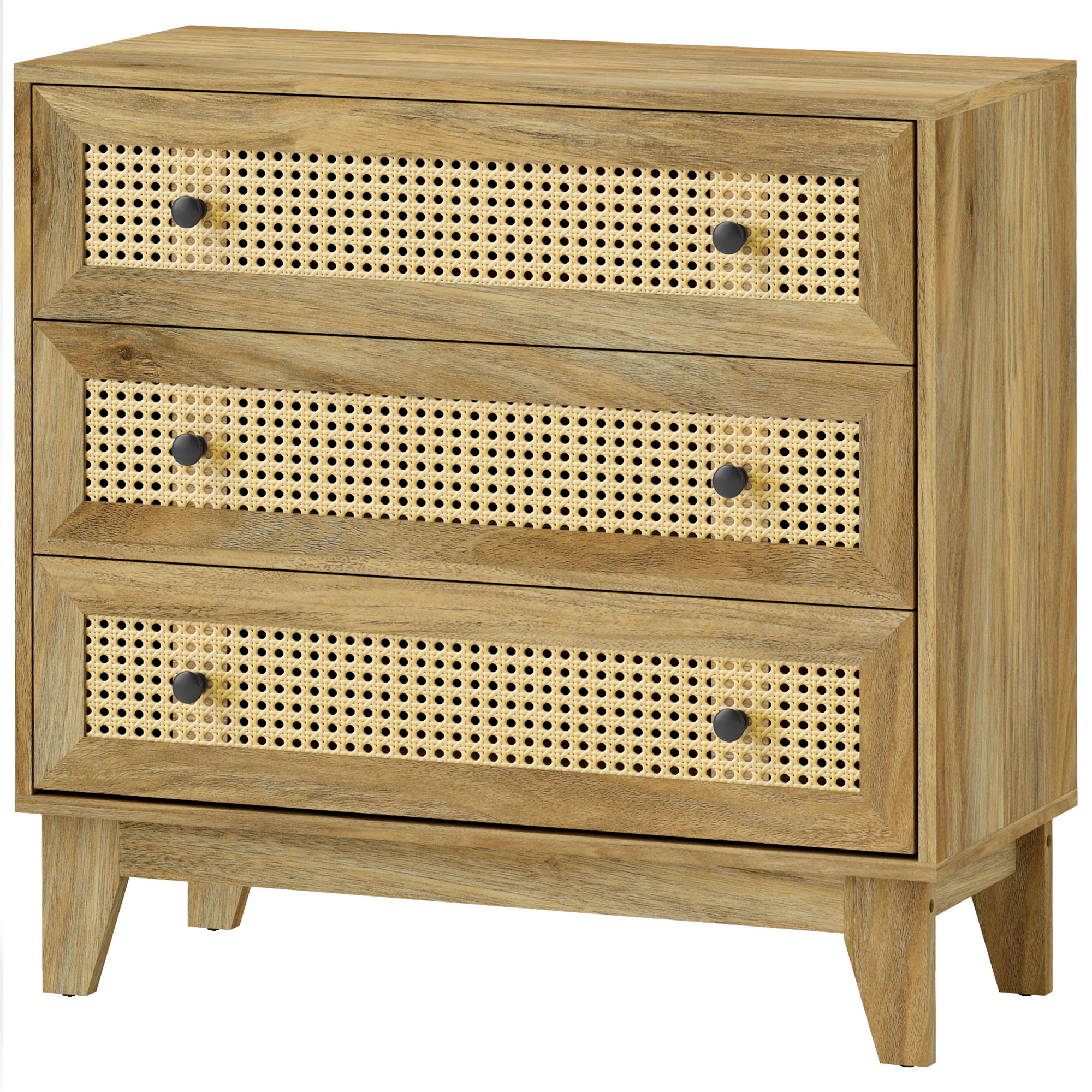 HOMCOM Kommode 3 Schubladen Aufbewahrungsmöbel mit Rattanbespannung 80 x 35 x 76 cm helles Holzoptik Aosom