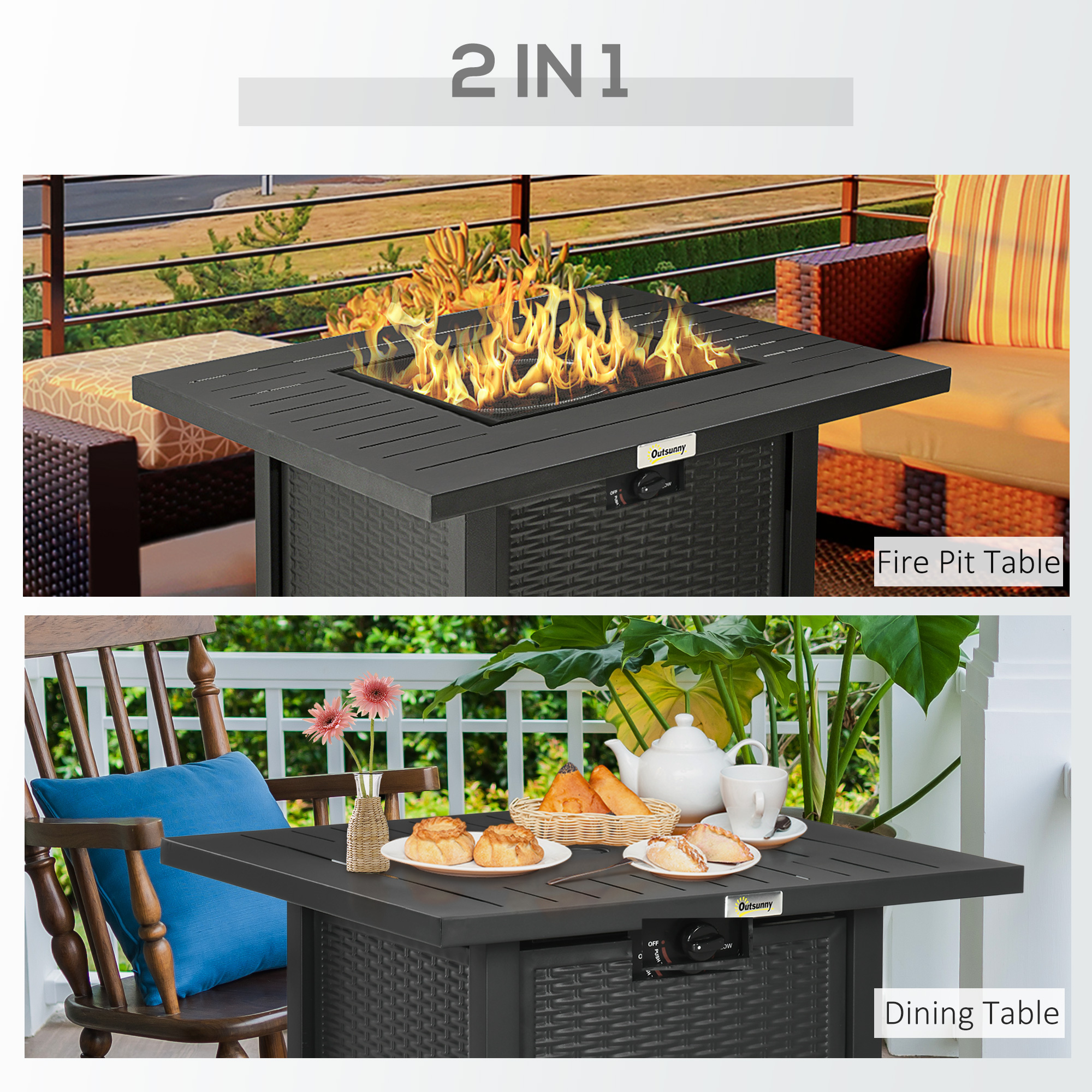 Outsunny Rattan-style Propane Gas Fire Pit Table with 40,000 BTU Burner, Square Smokeless Firepit Patio Heater with Thermocouple, Lava Rocks, Waterproof Cover, Spark Guard and Lid, Black 4