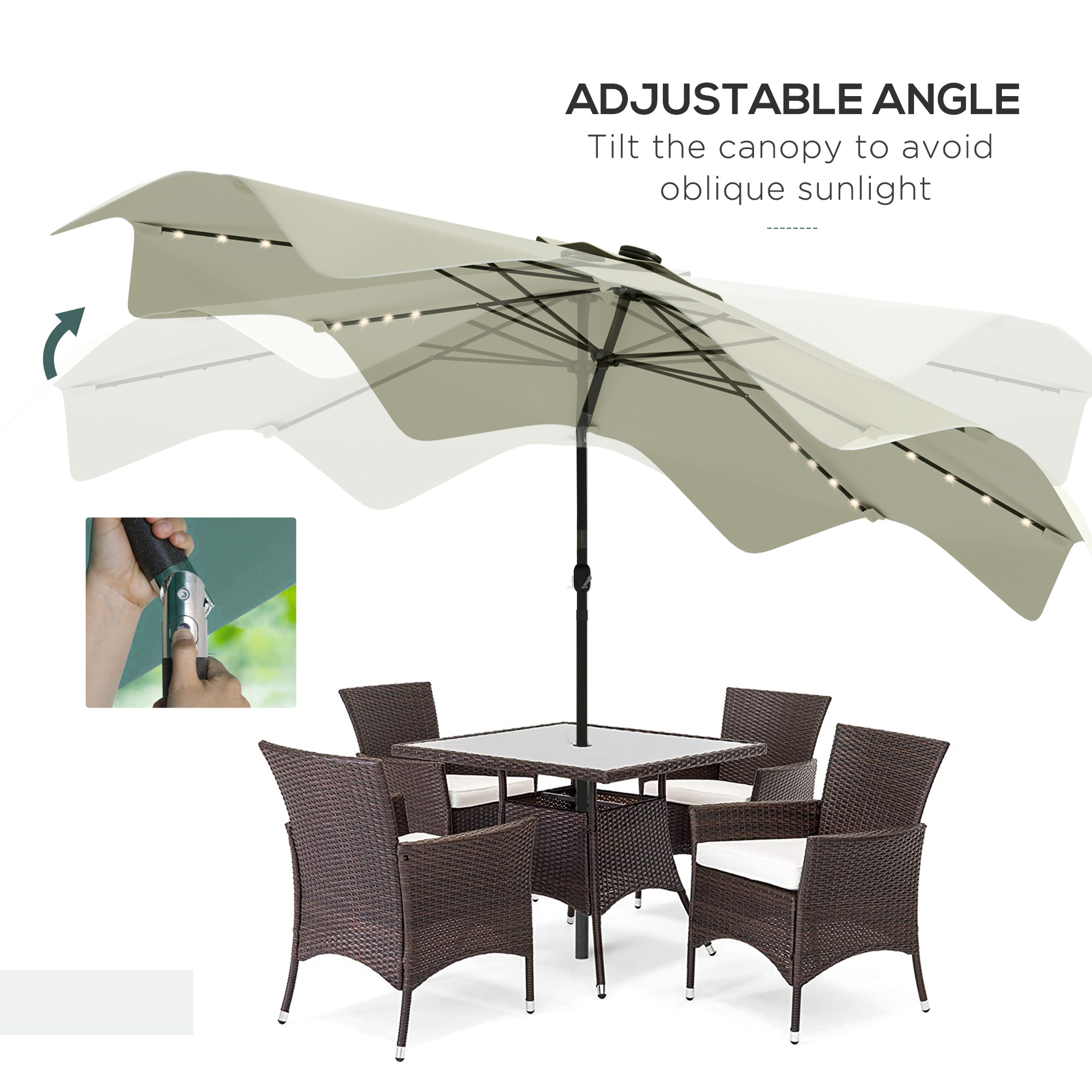 Outsunny Solar Patio Umbrella with LED and Tilt, Outdoor Market Table Umbrella Parasol with Crank, 3 x 3 (m), Cream White 5