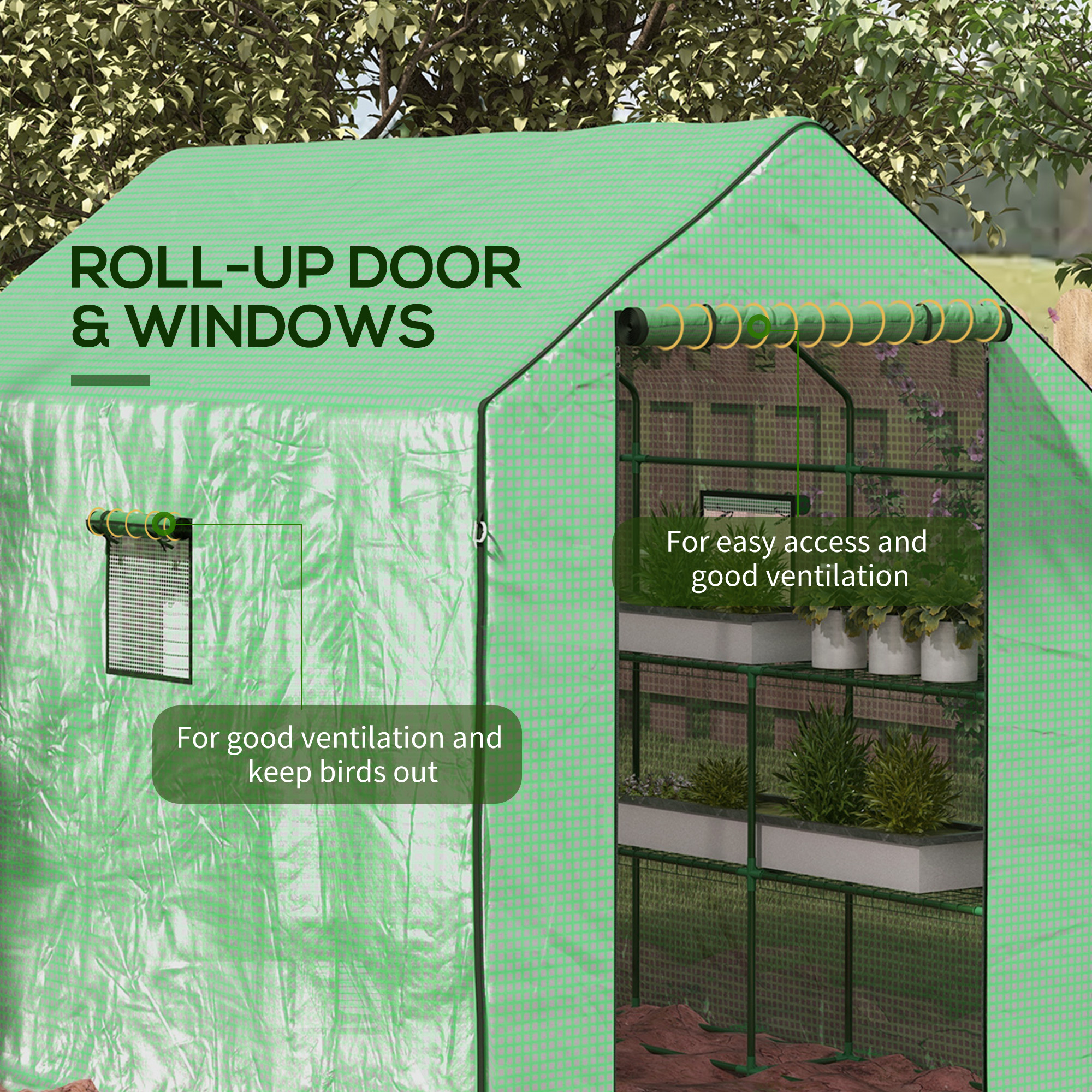 Outsunny Walk-in Greenhouse with 3 Tier 12 Shelves, Small Greenhouse with Reinforced PE Cover, Garden Plant Growhouse with Roll-up Door and Three Mesh Windows, 140 x 213 x 190 cm, Green 6