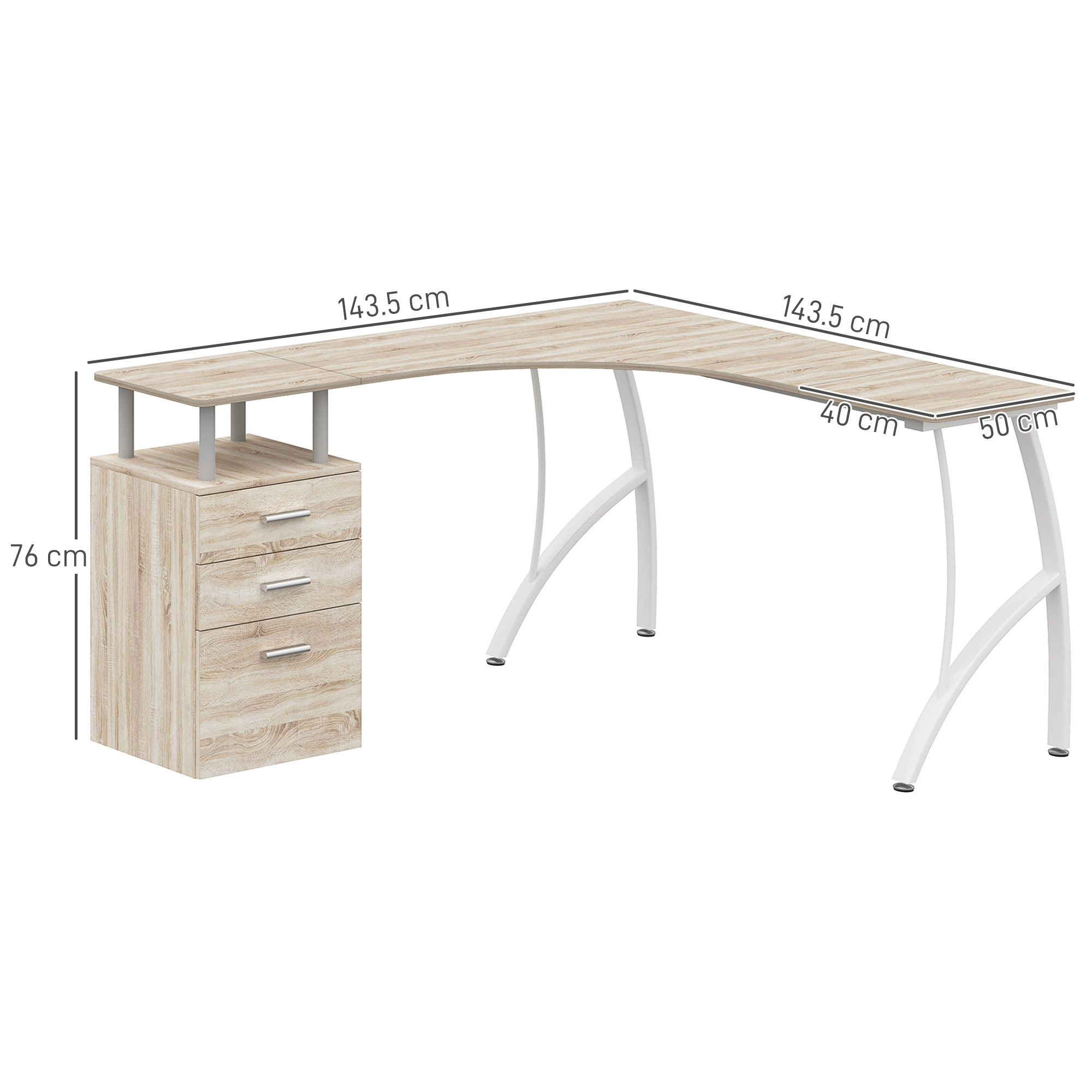 HOMCOM L-Shaped Computer Desk Table with Storage Drawer, Home Office Desk Corner Industrial Style Workstation for A4 Files 143.5 x 143.5 x 76cm, Oak 3