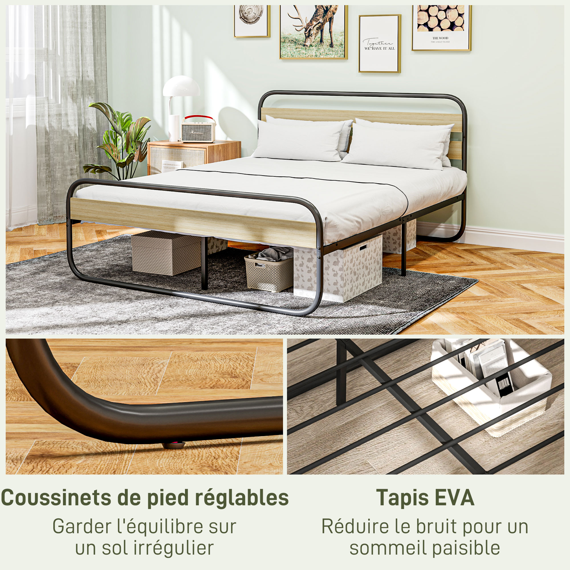 Lit double design industriel - tête de lit, pied de lit et sommier - compatible matelas 200x160cm - acier noir effet bois Lit double design industriel - tête de lit, pied de lit et sommier - compatible matelas 200x160cm - acier noir effet bois