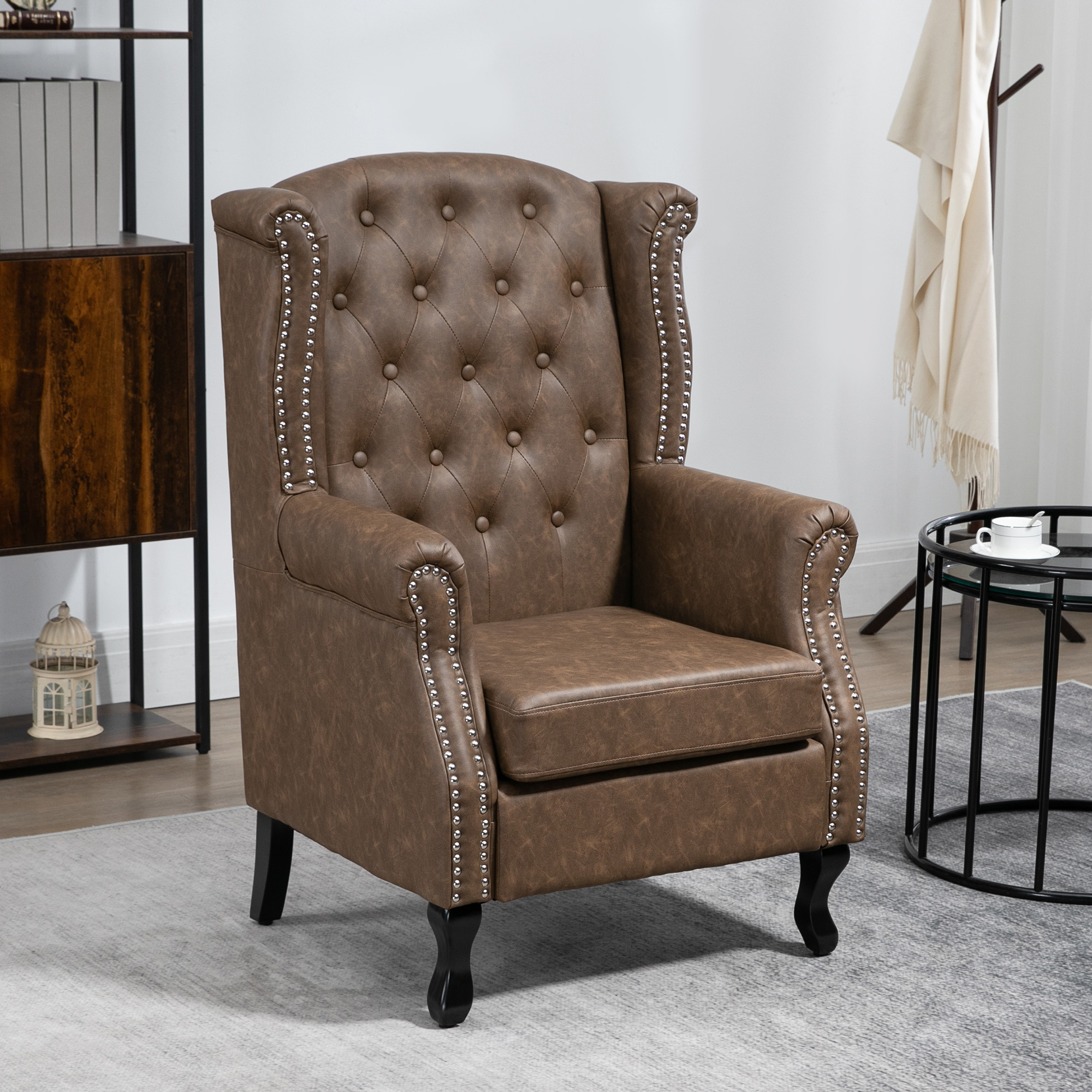 HOMCOM Wingback Accent Chair Tufted Chesterfield-style Armchair with Nail Head Trim for Living Room Bedroom Brown 2