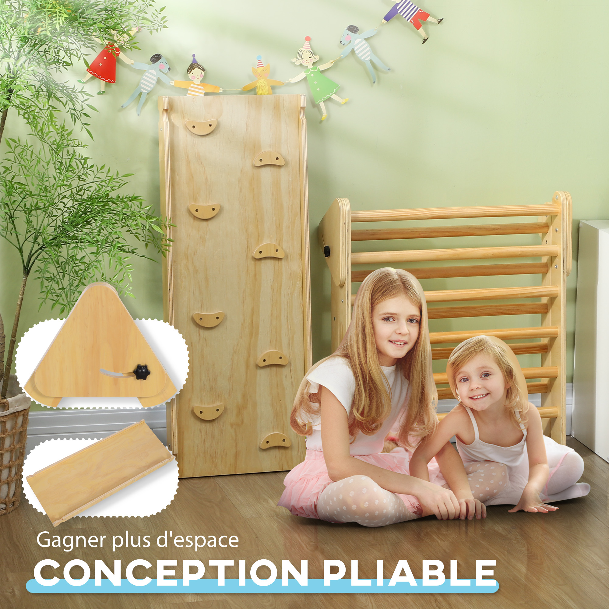 AIYAPLAY Triangle d'escalade Montessori 7 en 1 en bois pliable avec Arche et Rampe pour enfants 18-48 mois 188x70 cm Bleu | France