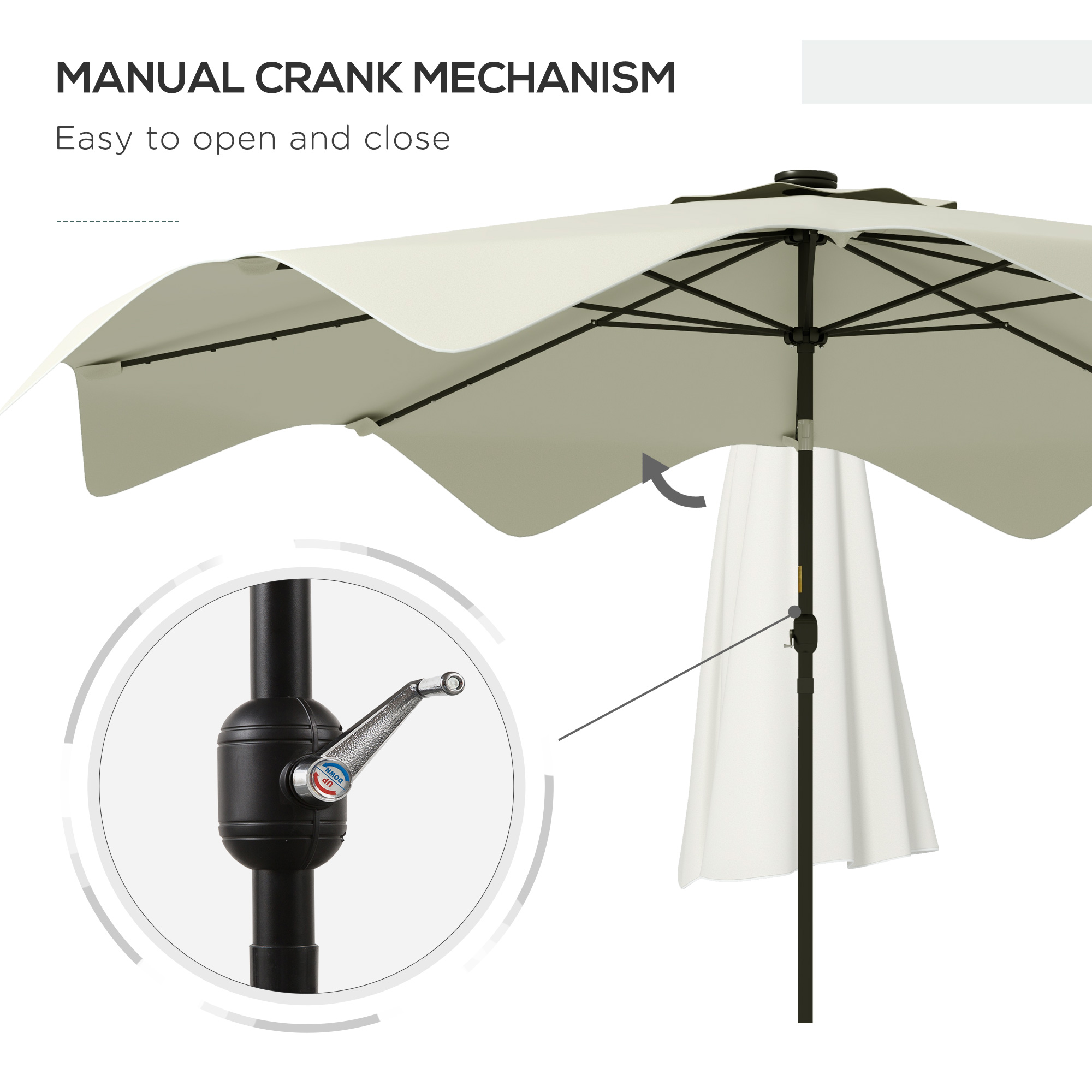 Outsunny Solar Patio Umbrella with LED and Tilt, Outdoor Market Table Umbrella Parasol with Crank, 3 x 3 (m), Cream White 7