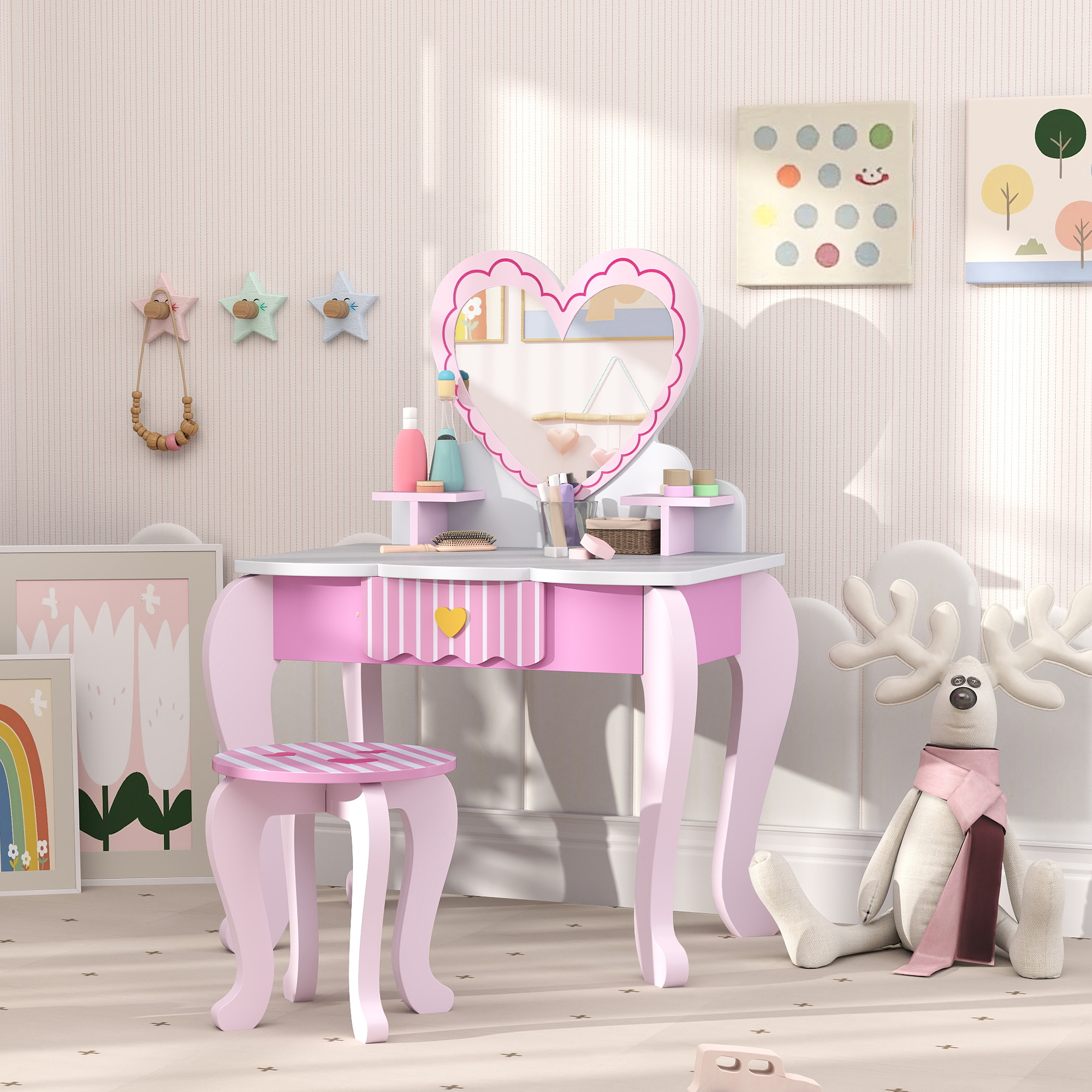 AIYAPLAY Kids Dressing Table Set, Vanity Table with Stool, Mirror, Drawer, Desktop Storage, Heart Theme, Pink 7