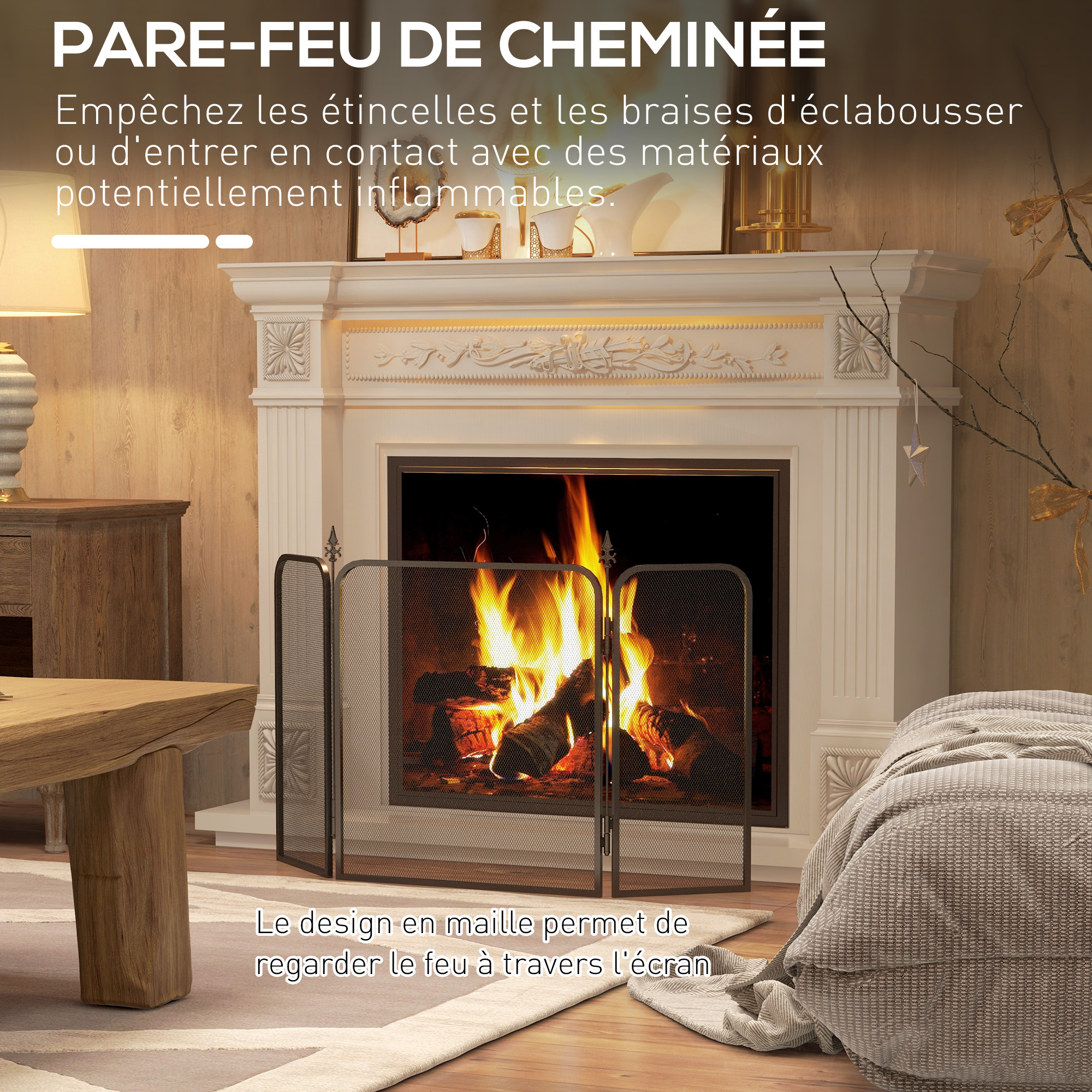 Vieux Pare-feu Métal Doré 3 Panneaux Pliable Motif Noël – Style Rétro, 53cm De Haut