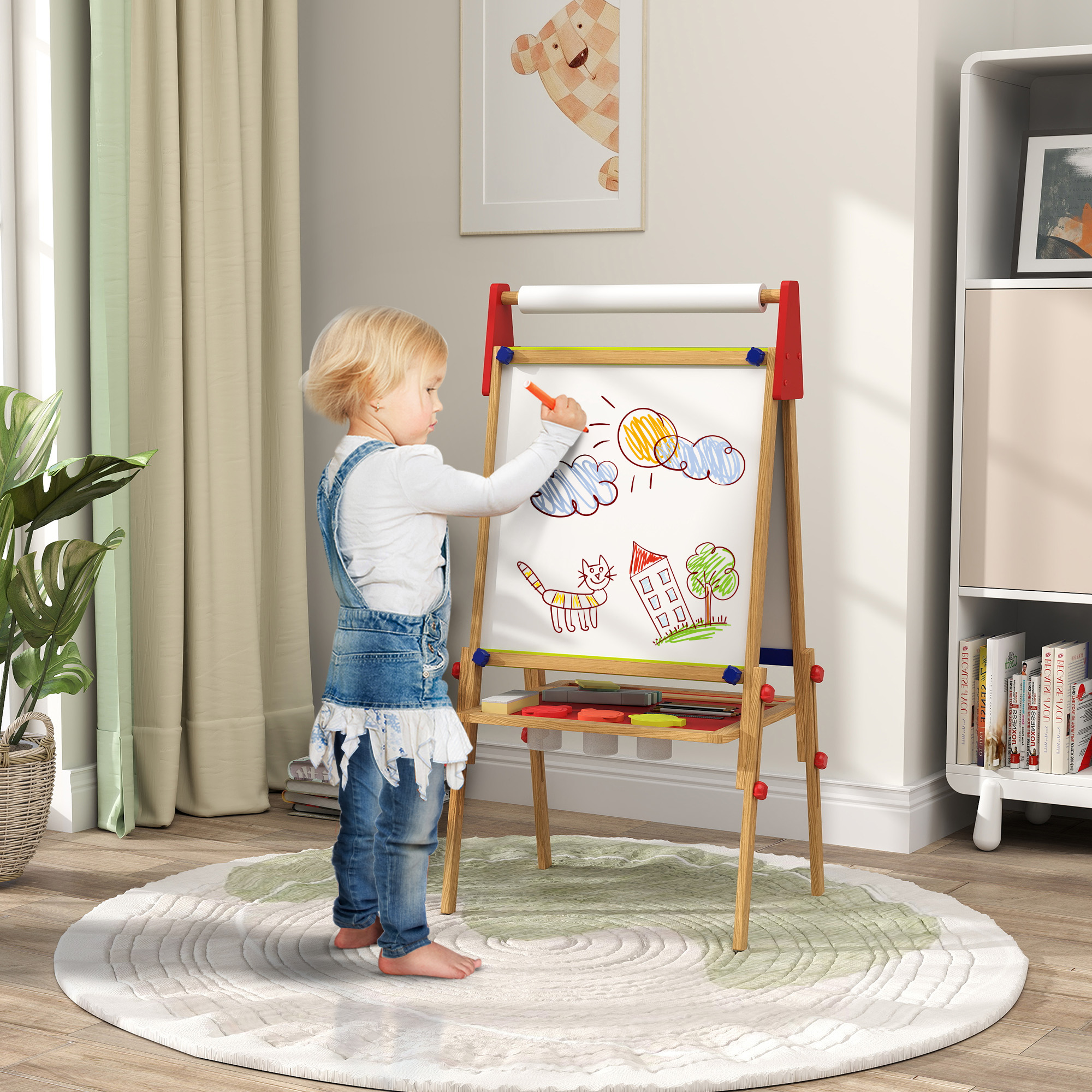 Chevalet De Dessin Enfant Double Face Dinosaure - Bois Pliable Réglable, Avec Accessoires
