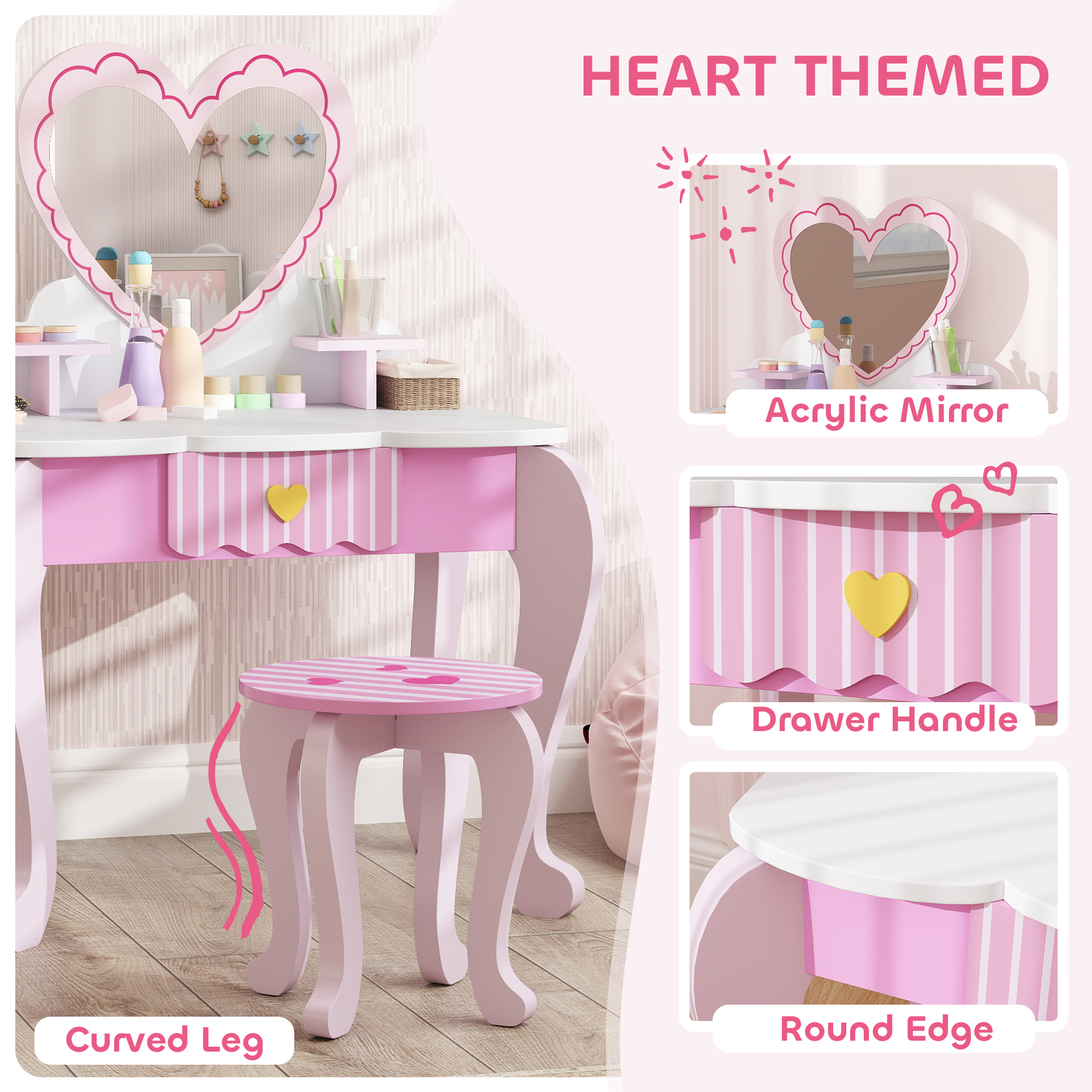 AIYAPLAY Kids Dressing Table Set, Vanity Table with Stool, Mirror, Drawer, Desktop Storage, Heart Theme, Pink 6