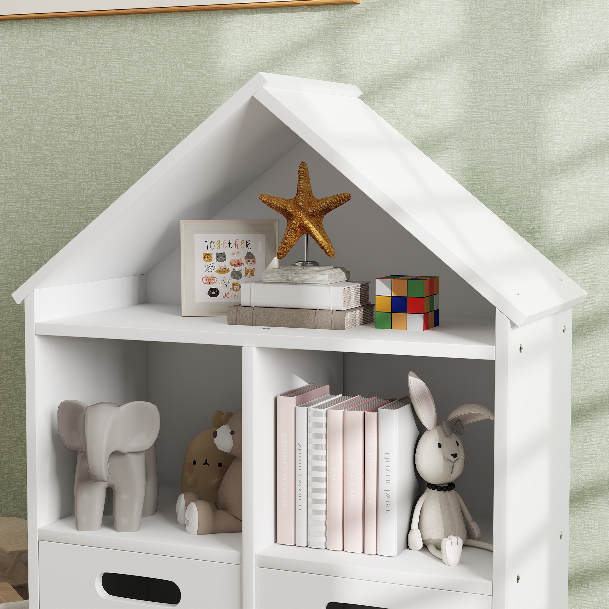 Bibliothèque Enfant 3 Niveaux En Forme De Maison - Meuble De Rangement Blanc, Dimensions 63,7 X 29,7 X 89,5 Cm - 6