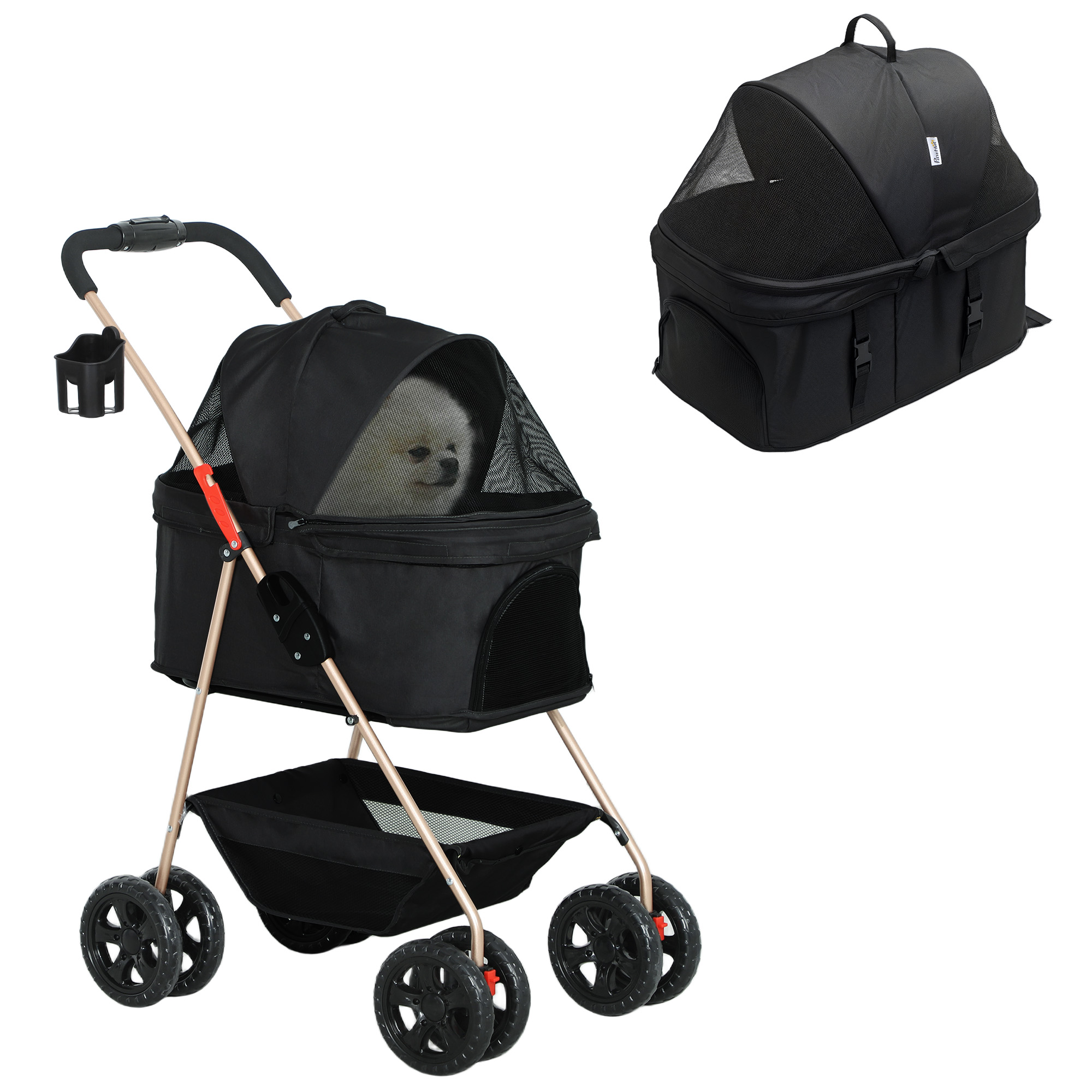 PawHut Foldable Dog Stroller, Lightweight Dog Pram w/ Shoulder Strap, Storage Bag, Cup Holder, Light Grey