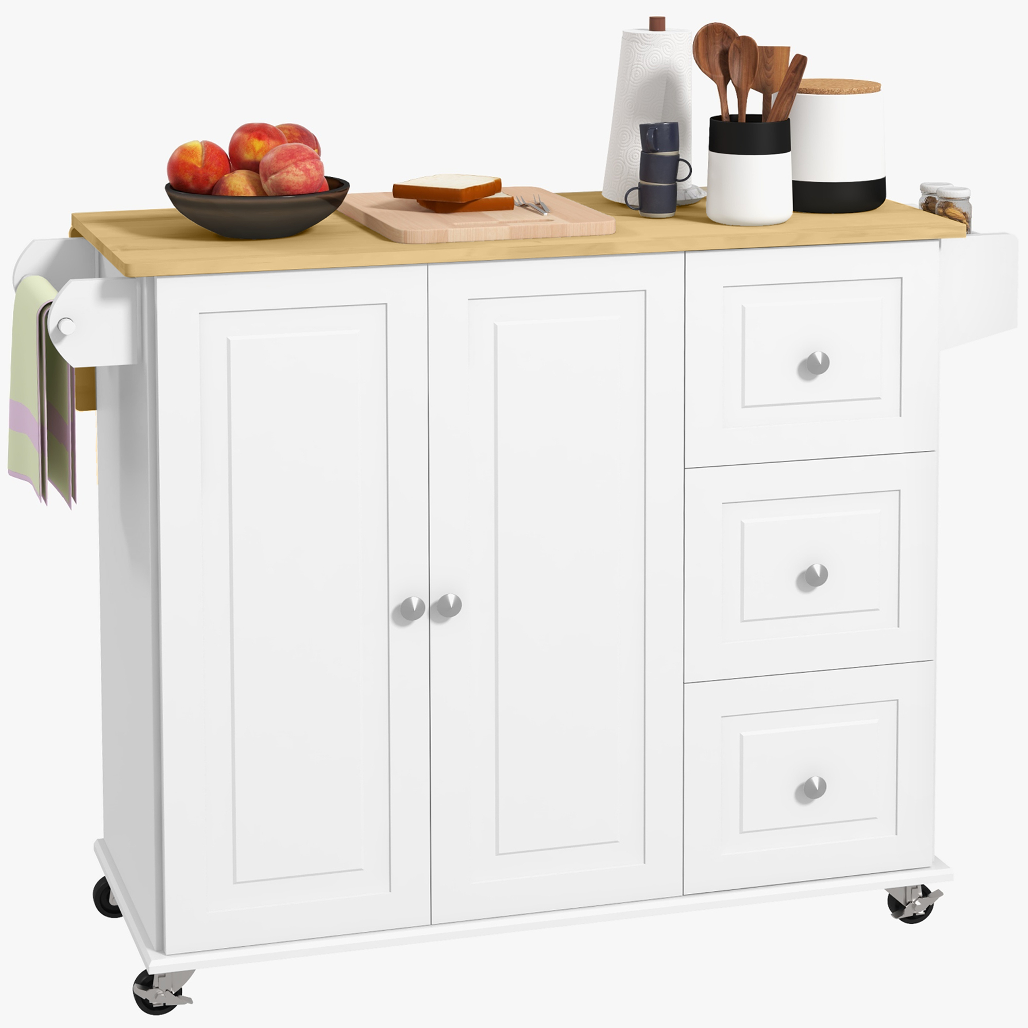 HOMCOM Kitchen Island with Drop Leaf, Rolling Kitchen Storage Trolley on Wheels with 3 Drawers, Spice Rack and Towel Rack, Storage Cart with Rubber Wood Top, White