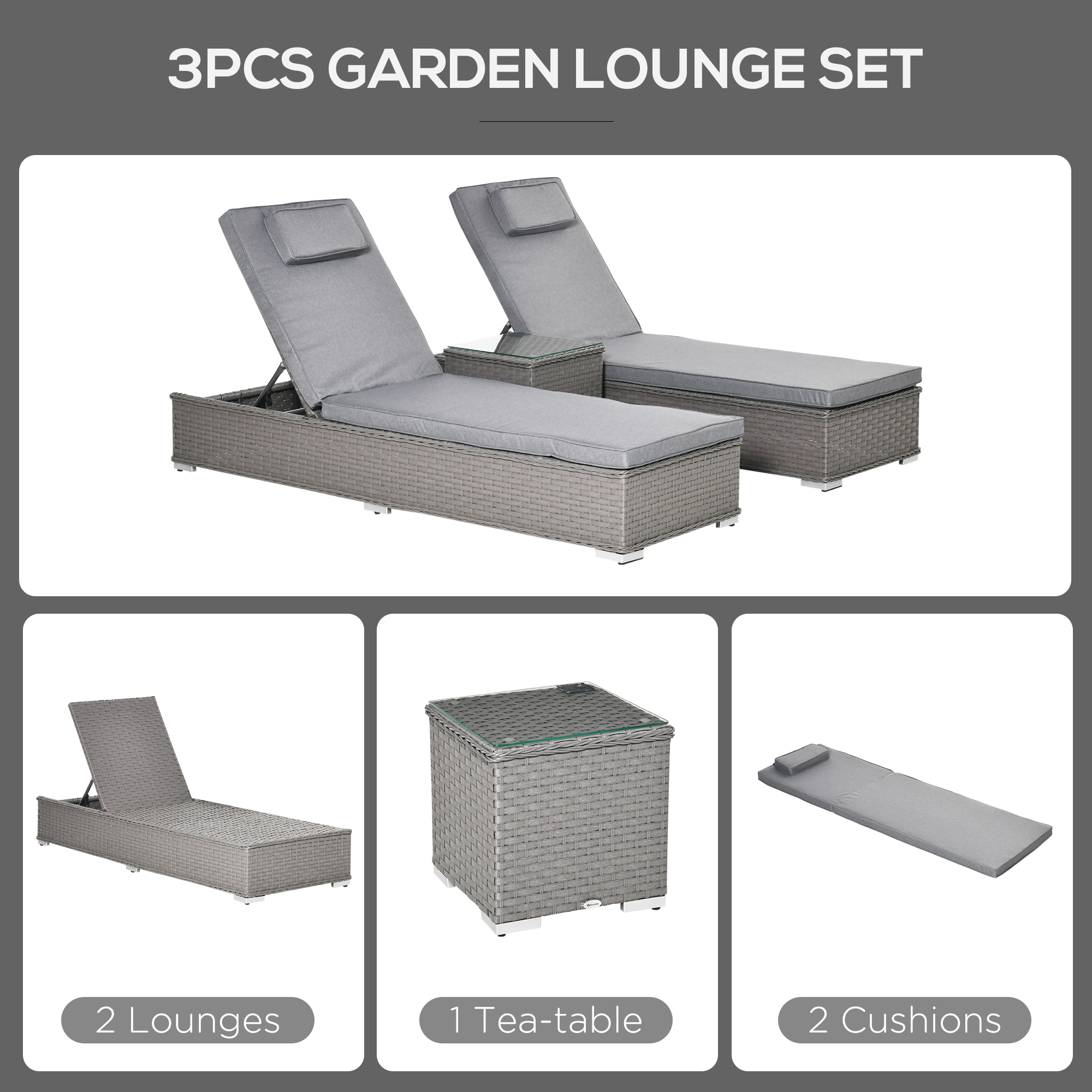 Outsunny 3 Pieces Rattan Sun Lounger Set with Aluminium Frame, 5-Position Adjustable Reclining Garden Chairs and Glass Top Table, Wicker Garden Furniture Daybed with Cushions for Patio, Grey 5